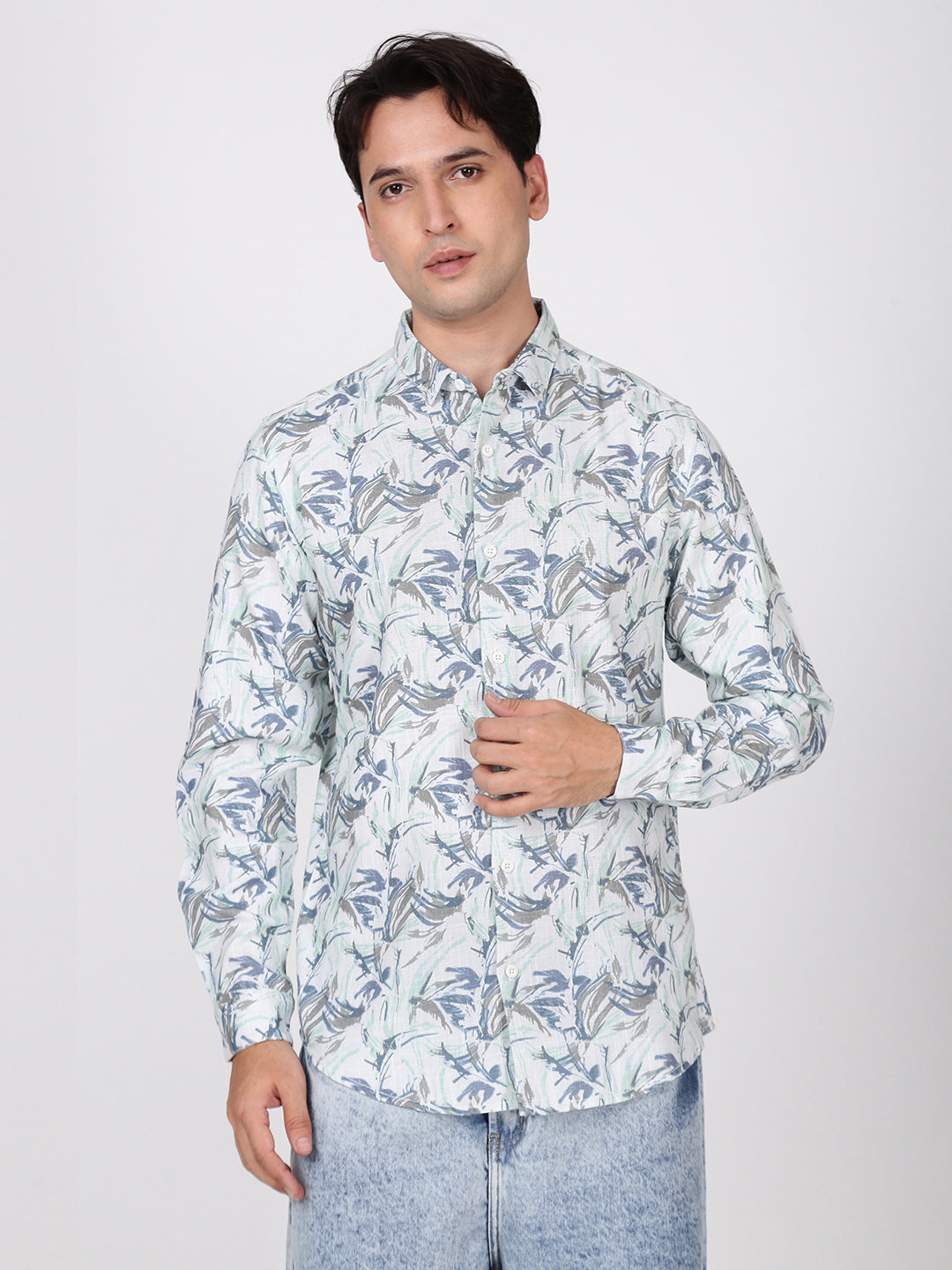 Men Green and Blue Floral Printed Slub TextureShirt