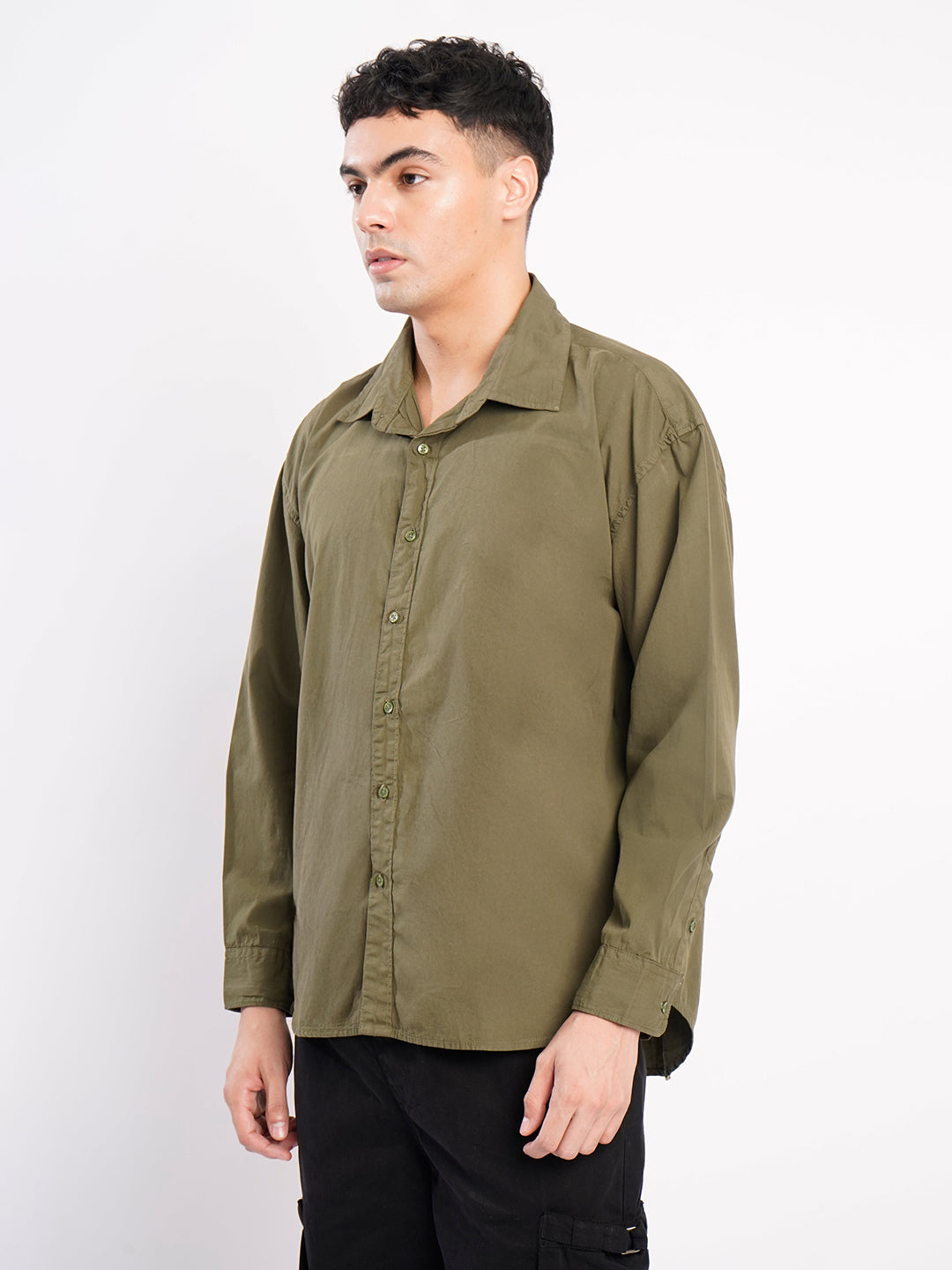 Men Olive Oversize Cotton Casual Shirt