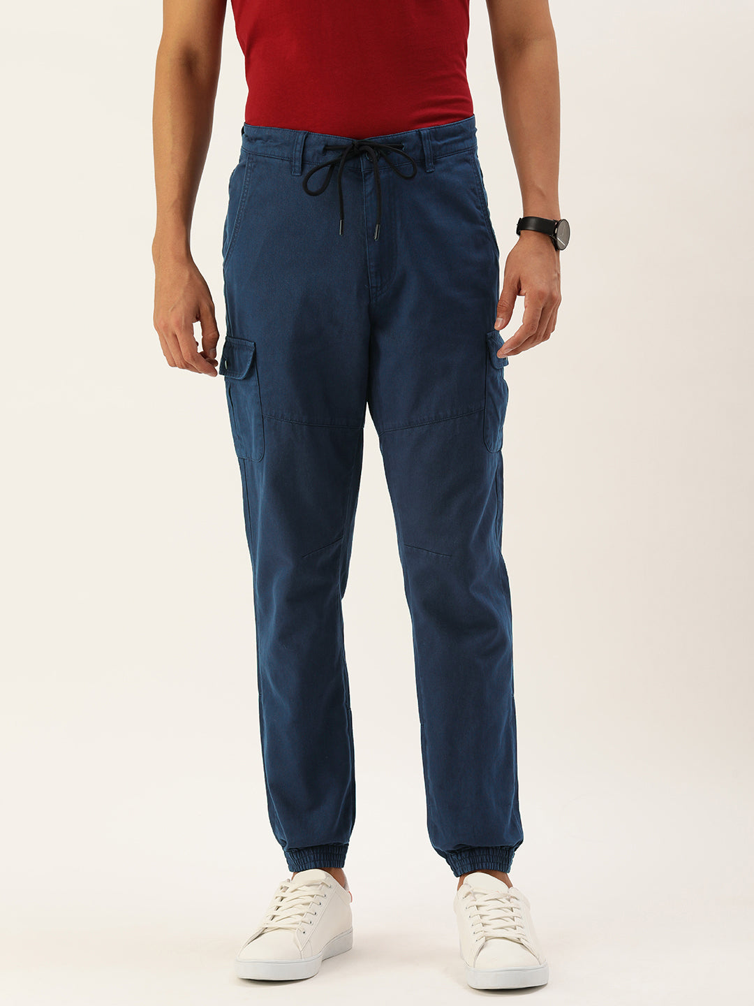 Men Blue Regular Fit Solid Cargo Jogger