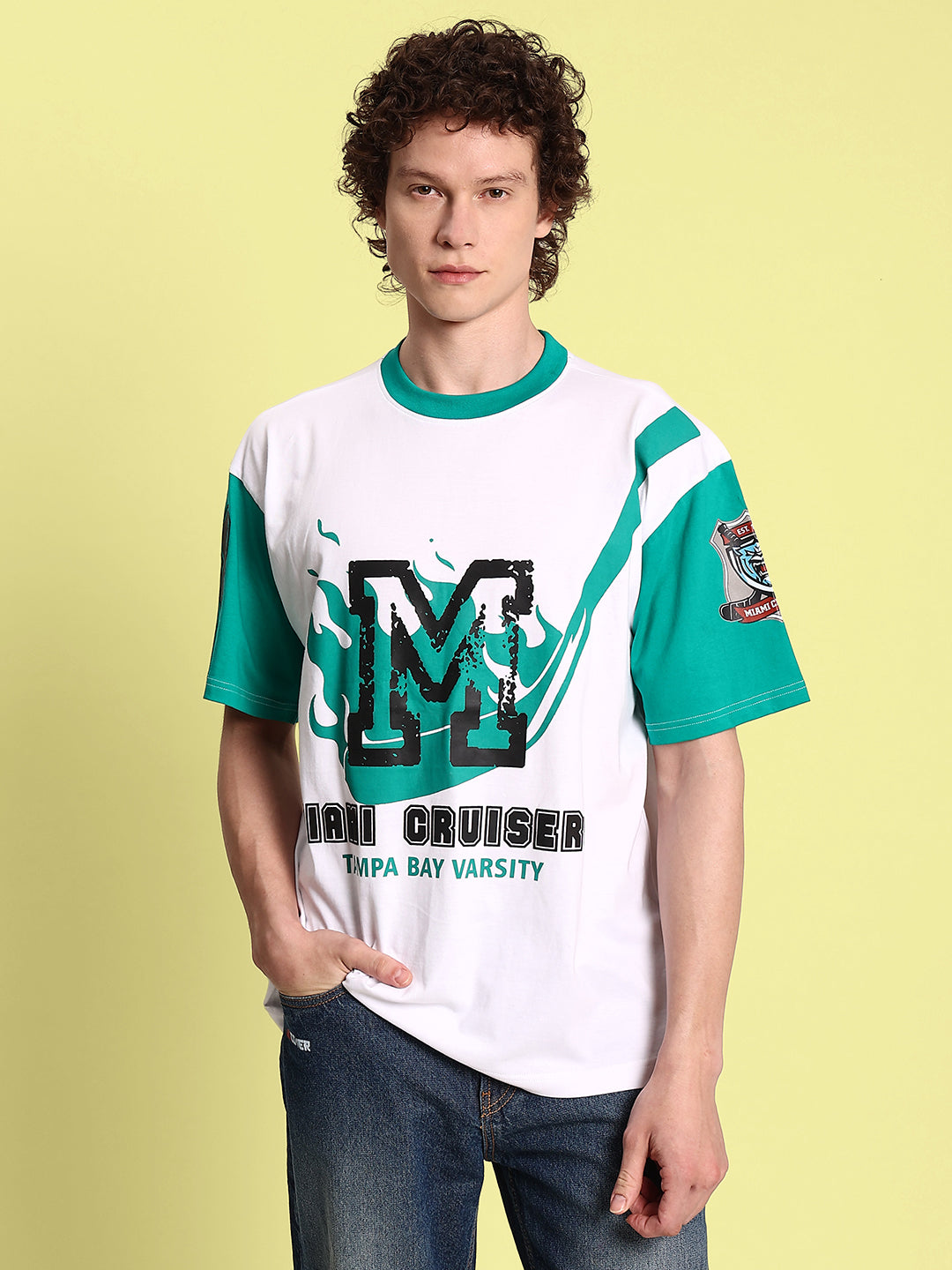 Men White/Turq Oversized Varsity Printed T-Shirt