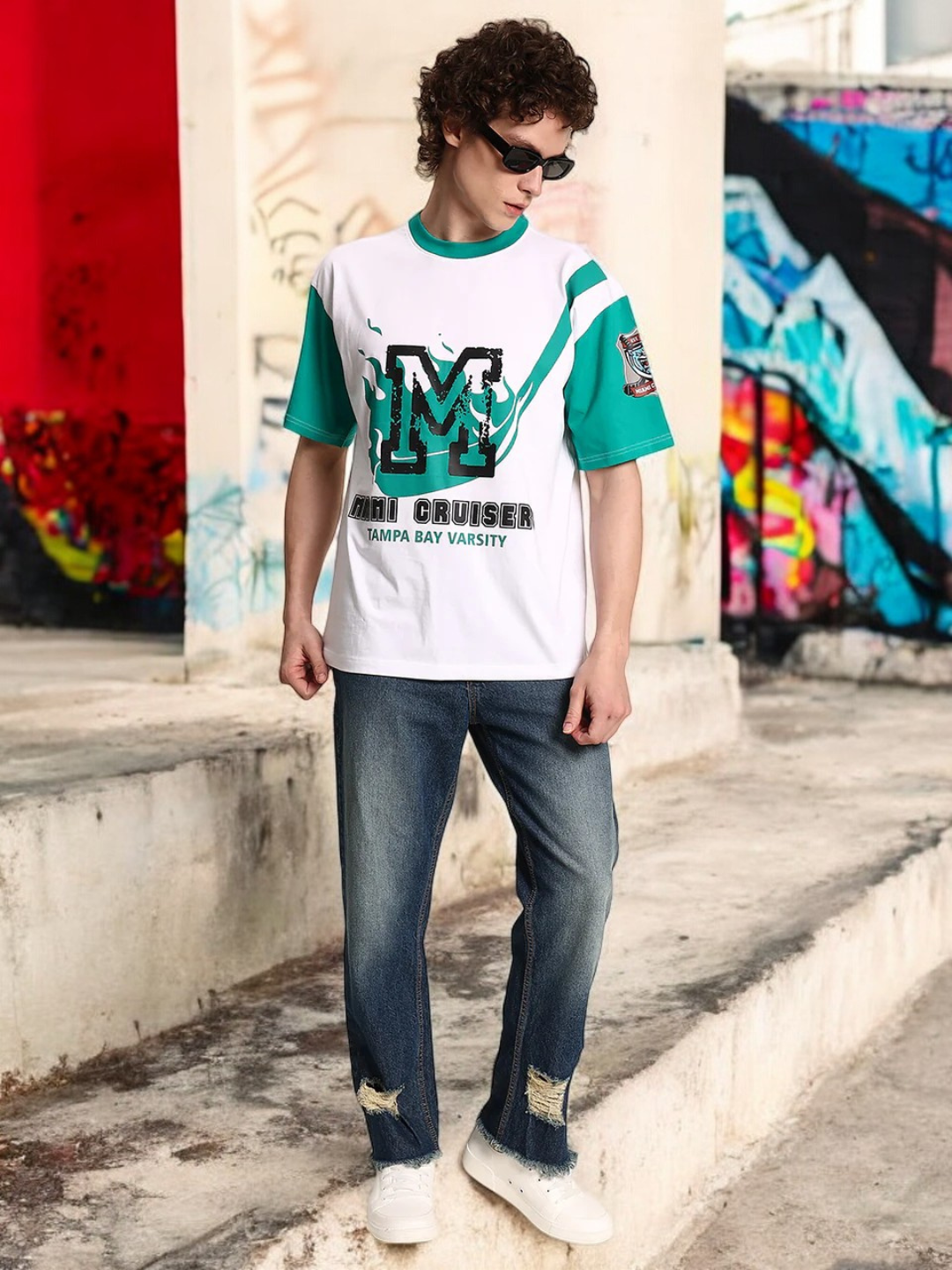 Men White/Turq Oversized Varsity Printed T-Shirt