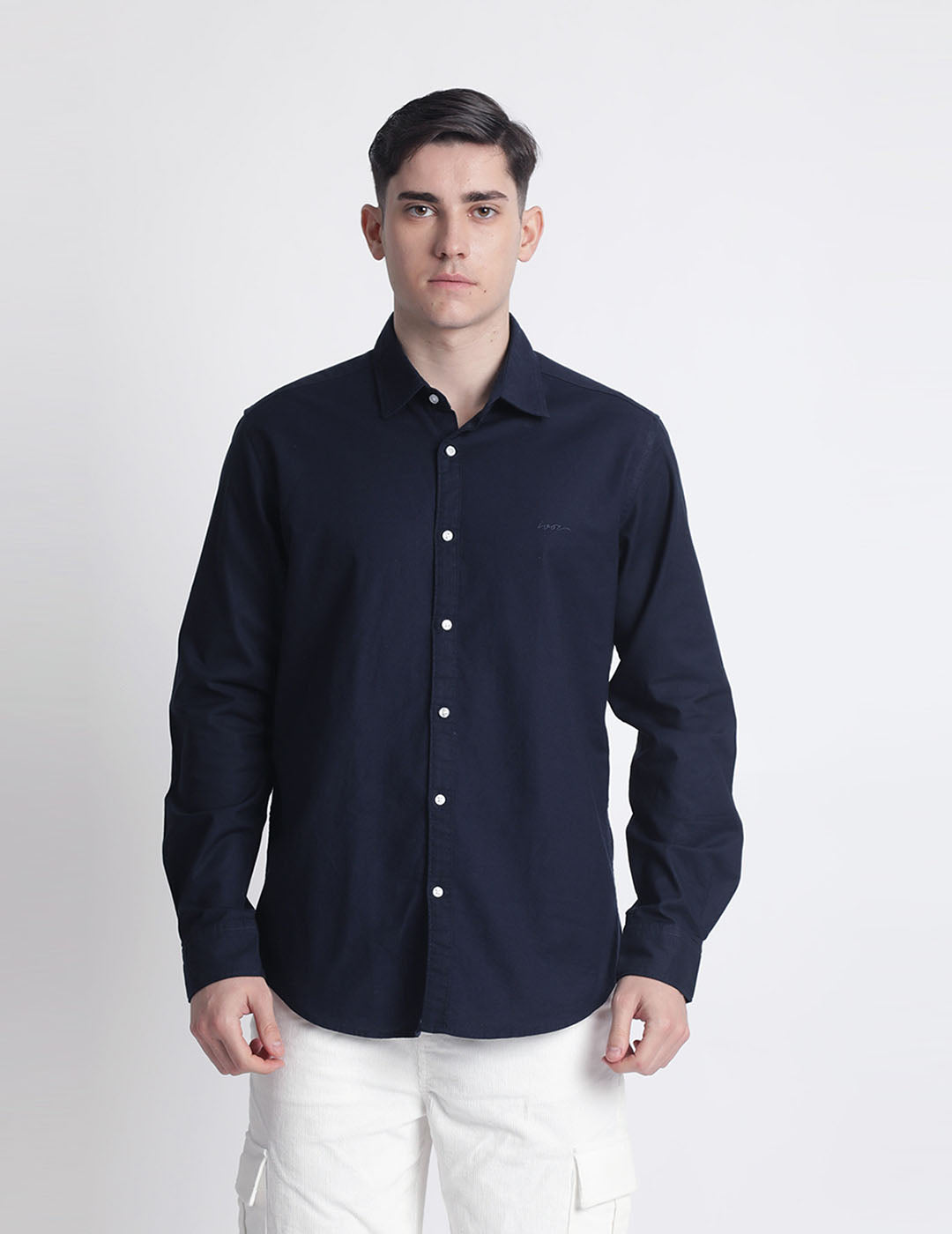 Men Navy Solid Textured Chest Embroidery Shirt