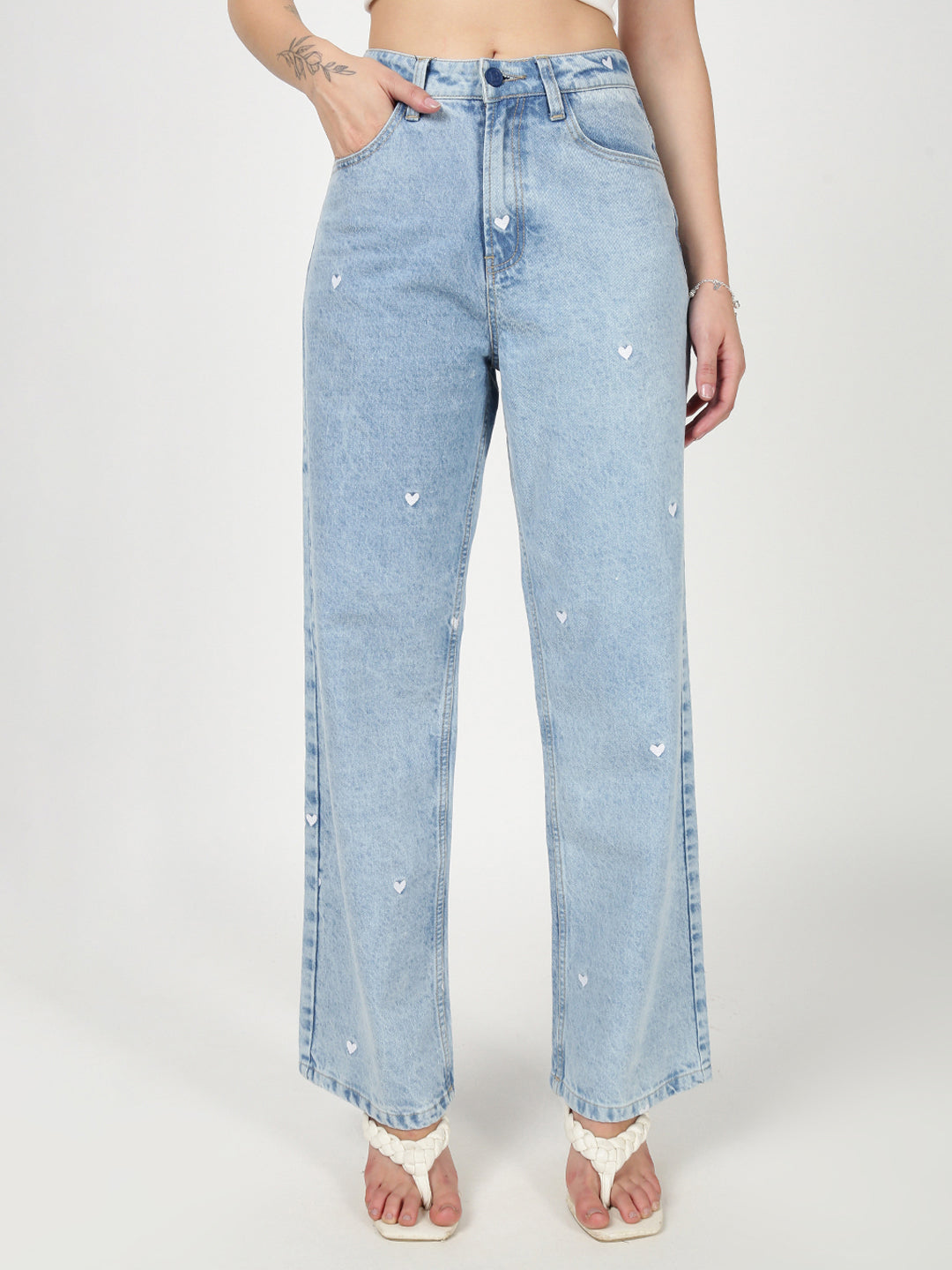 Women Blue Heart Embroidery Jeans