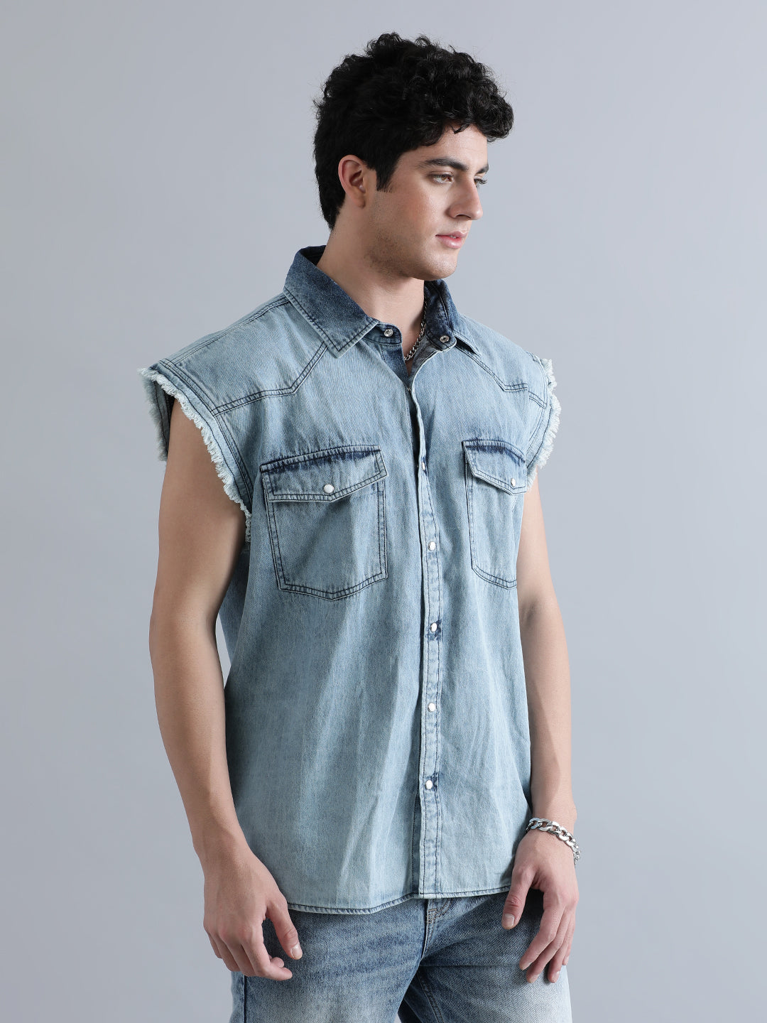 Mens Sleeve Less Denim Shirt With Pocket Detailing