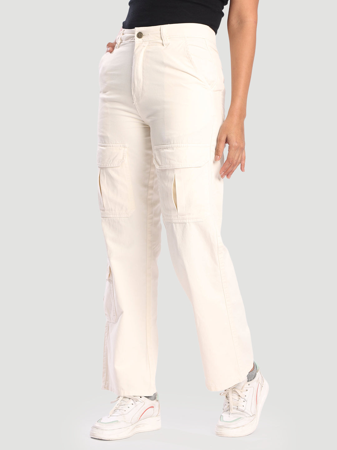 Women Off white Straight Fit High-Rise Cotton Cargos Trousers