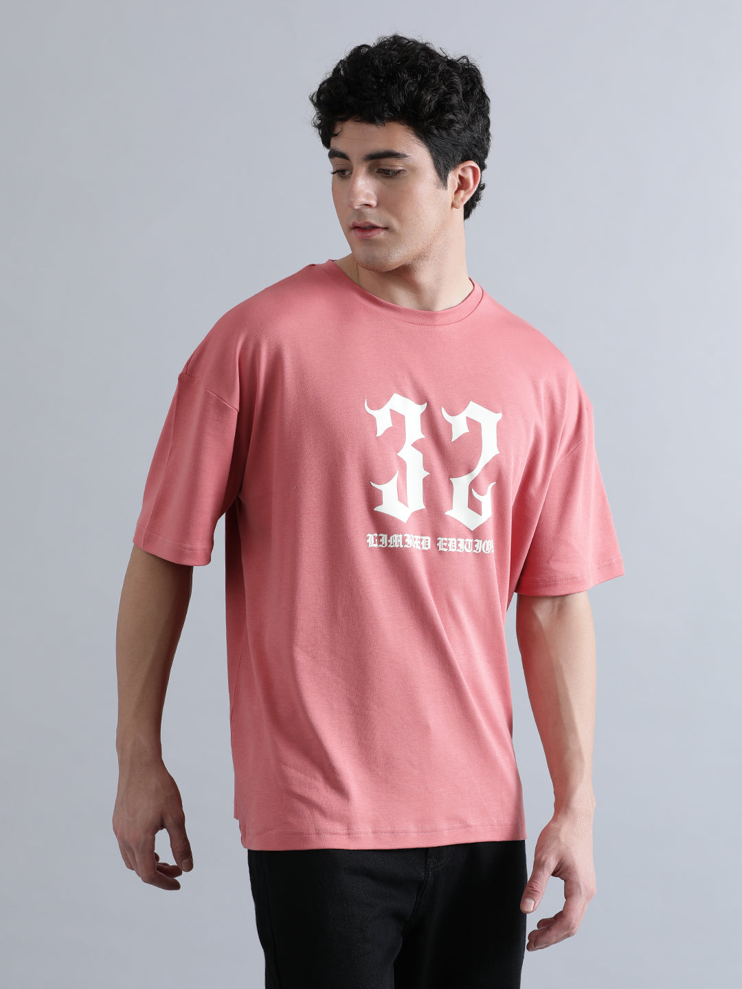 Men Peach Beige Oversized Graphic Print T-Shirt