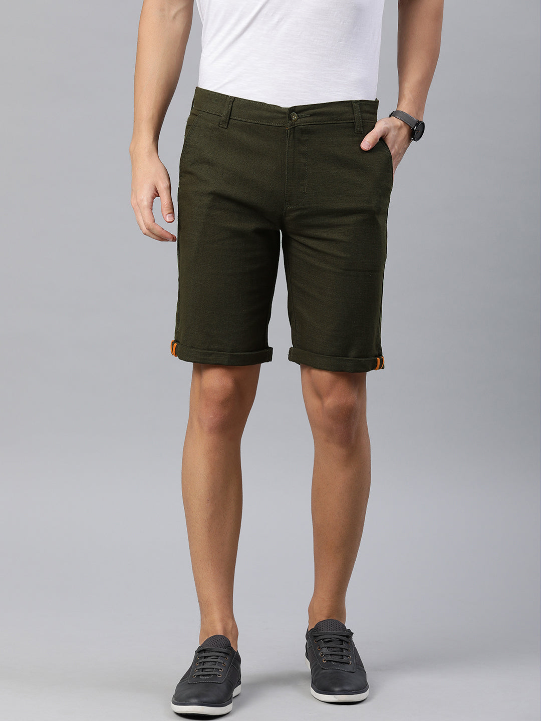 Men Olive Slim Fit Solid Shorts