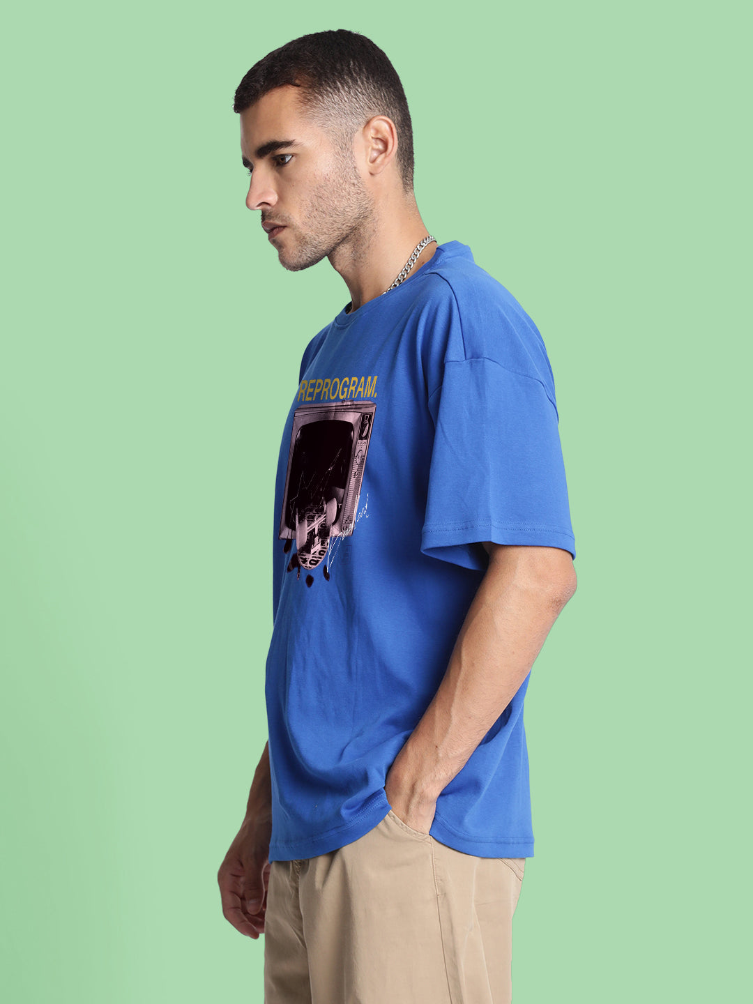 Men Blue Graphic Print Oversize T Shirt