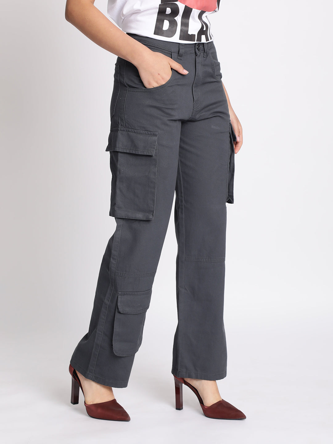 Women Grey Straight Fit Cargo Trousers