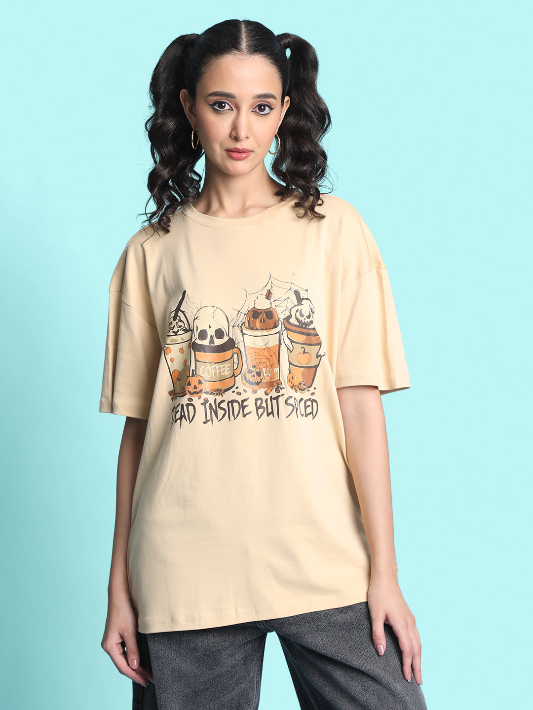 Gender Fluid Oversize Fit  Beige Halloween Dead Inside But Spiced T Shirt