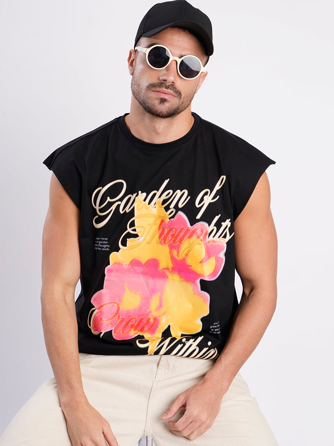 Men Black Sleeveless Graphic Oversized T Shirt