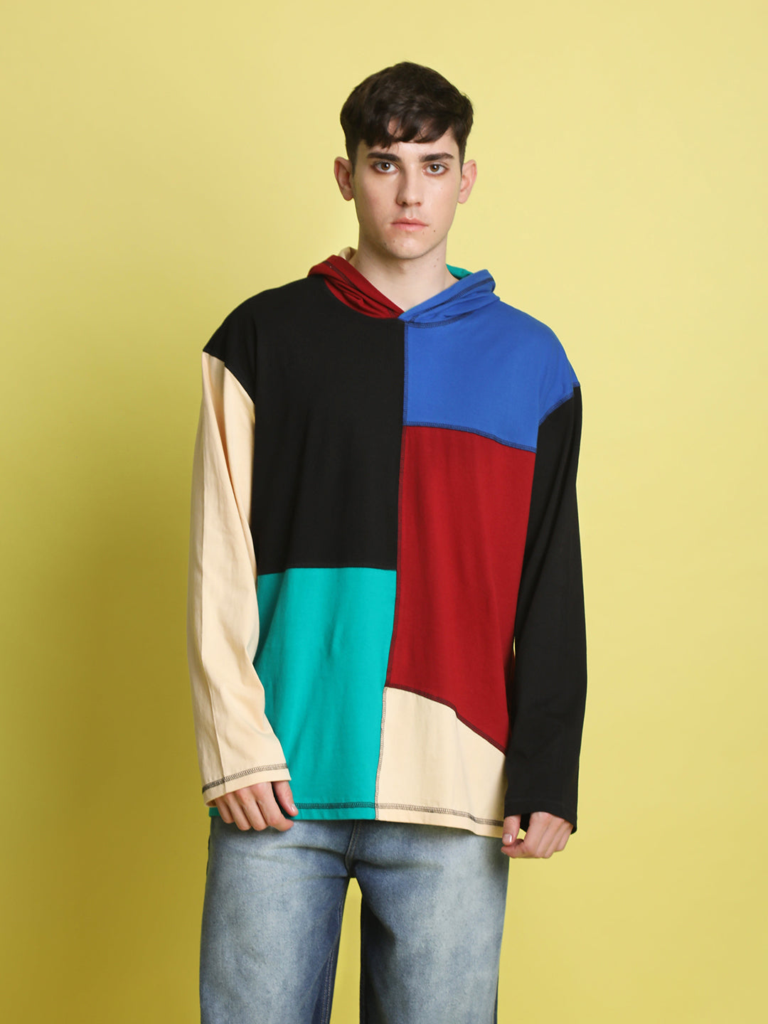 Mens oversized hooded T Shirt with patchwork