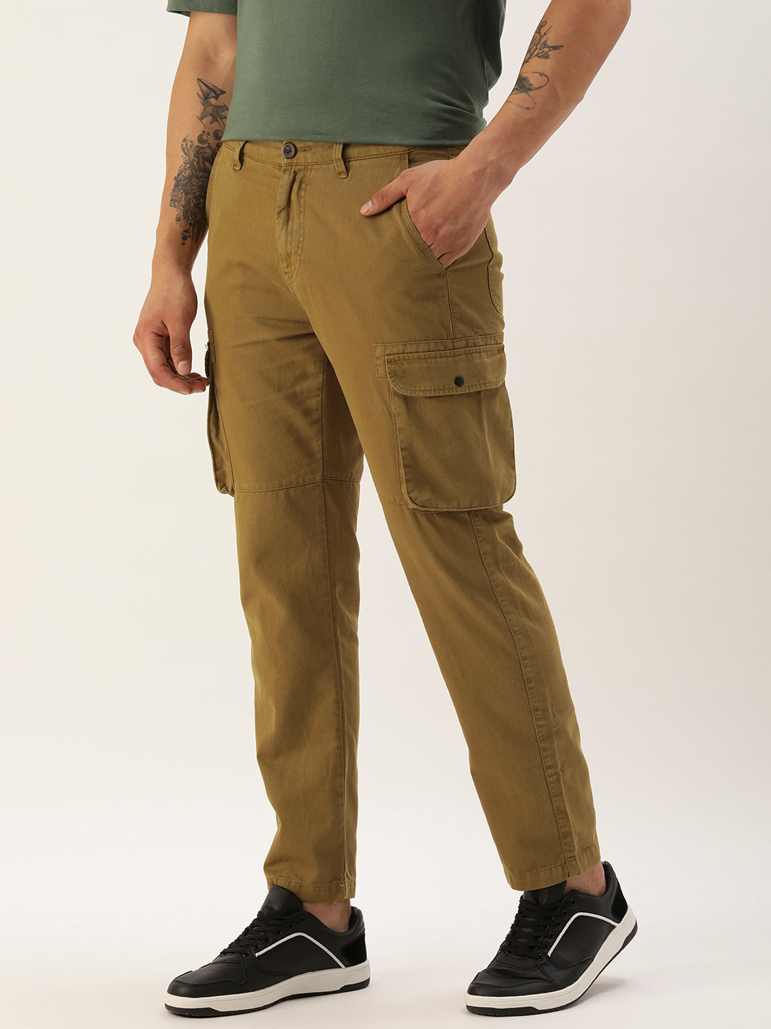 Men Burnt Olive Regular Fit Solid Cargo Trouser