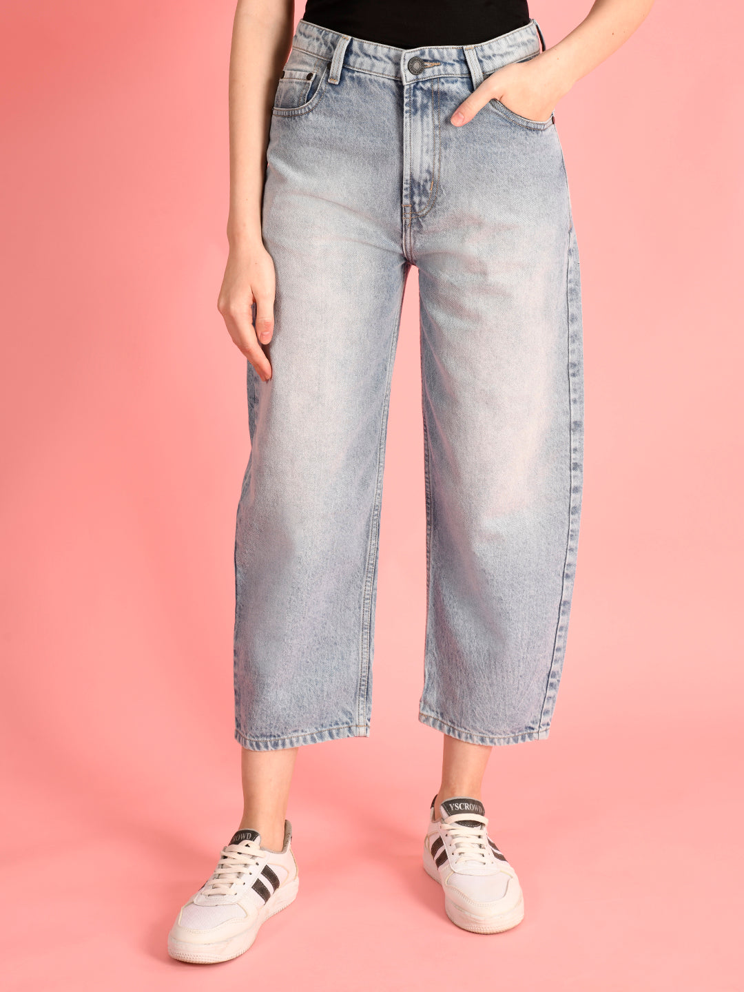 Women Balloon Fit Mid Blue Denim Trousers