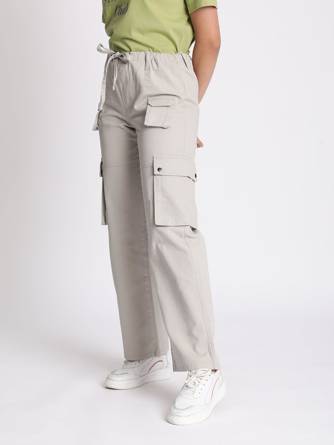 Women Grey Cargo Trousers with Adjustable Drawstring