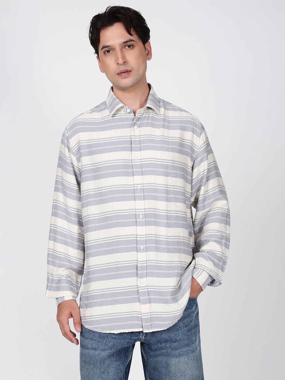 Men Blue and White Horizontal Striped Shirt
