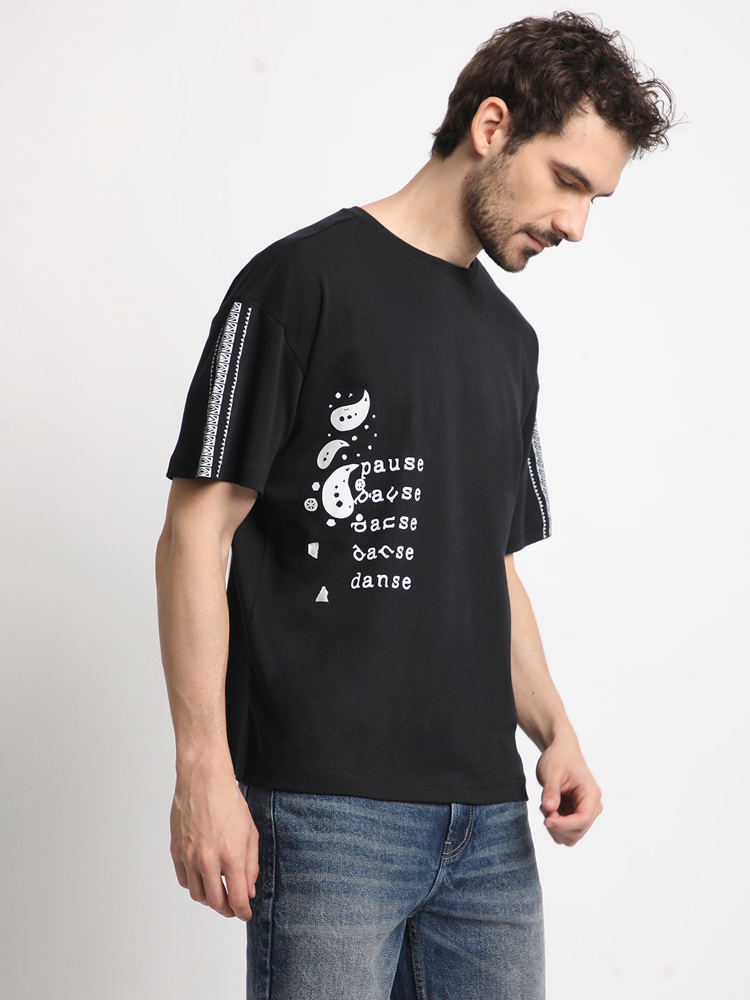 Men-Black-Coloured-100% Cotton -Pause-Graphic-Oversized-T-shirts