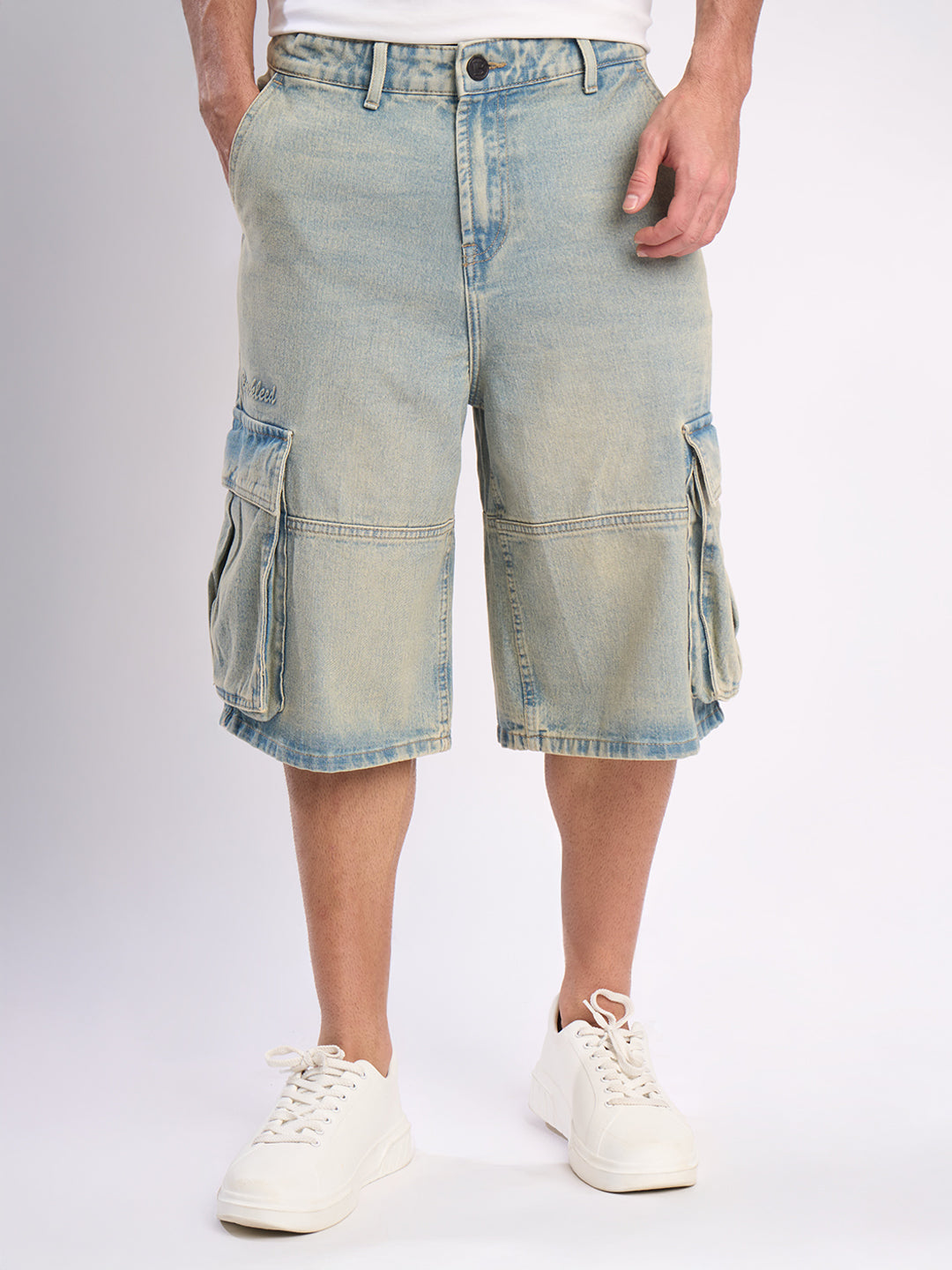 Men Blue Light Shade Baggy Fit Cargo Shorts