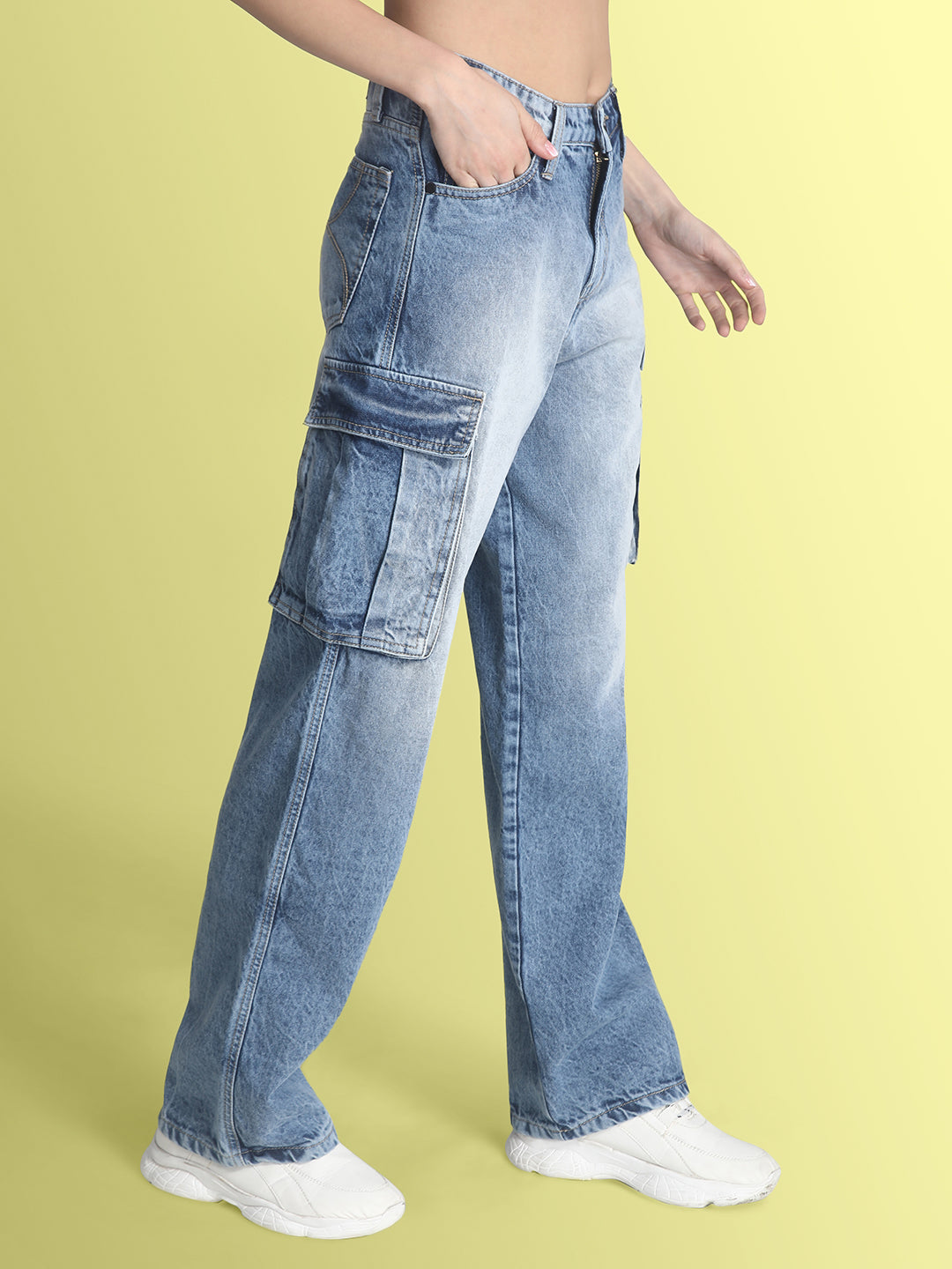 Women’s Relaxed Fit Denim Cargo Jeans with Hem Detailing