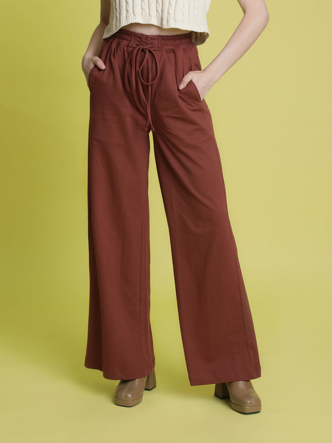 Women Brown Wide-Leg Solid Trousers