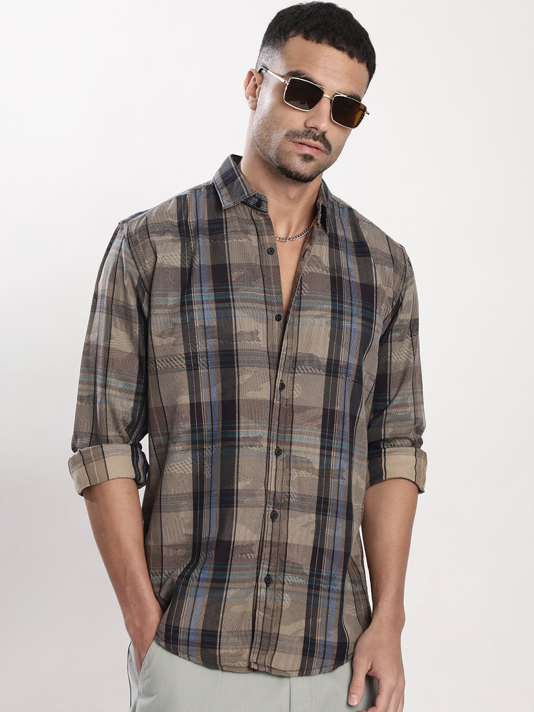 Men Brown Checked Slim Fit Shirt