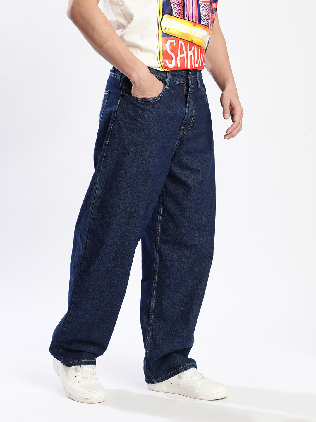 Men Dark Blue Loose Balloon Jeans