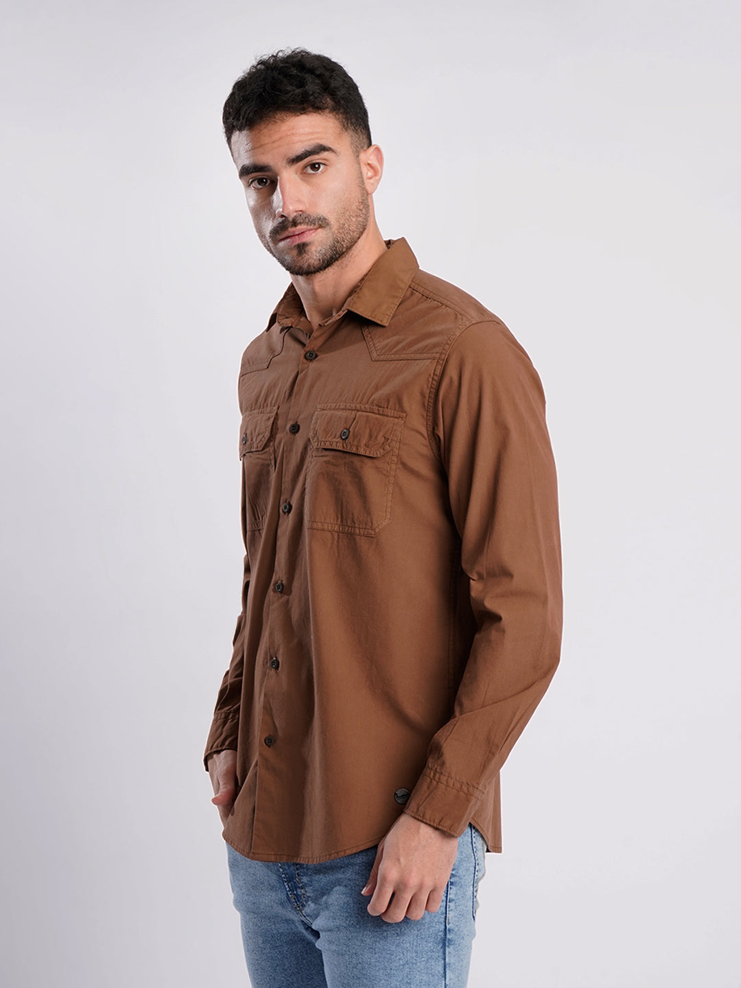 Men Brown Double Pocket Full sleeve shirt