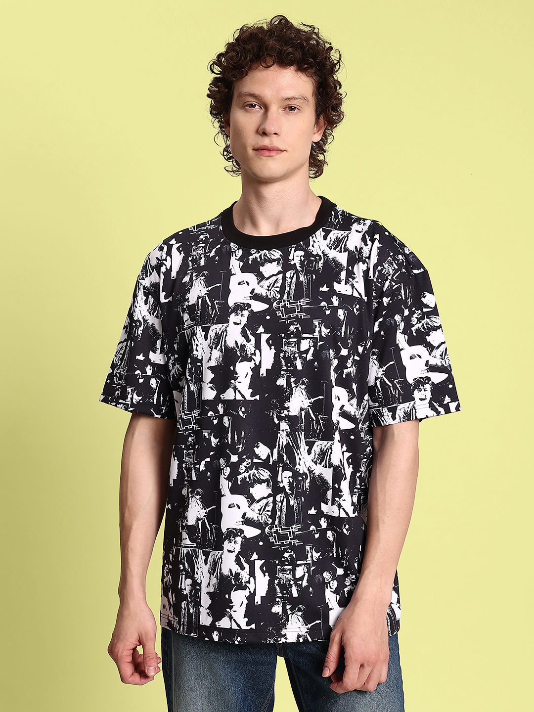 Men White/Black All over Printed Oversized T Shirt