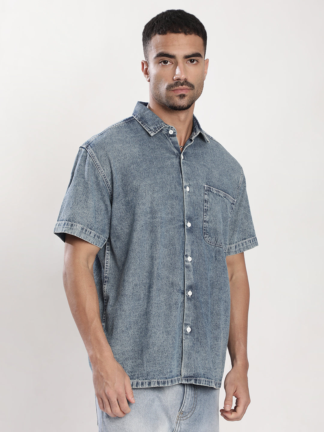 Men Blue Tinted Relax Fit  Denim Shirt