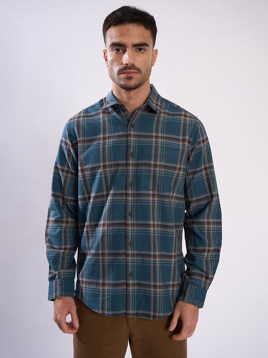 Men Turquoise Checked Single Pocket Shirt