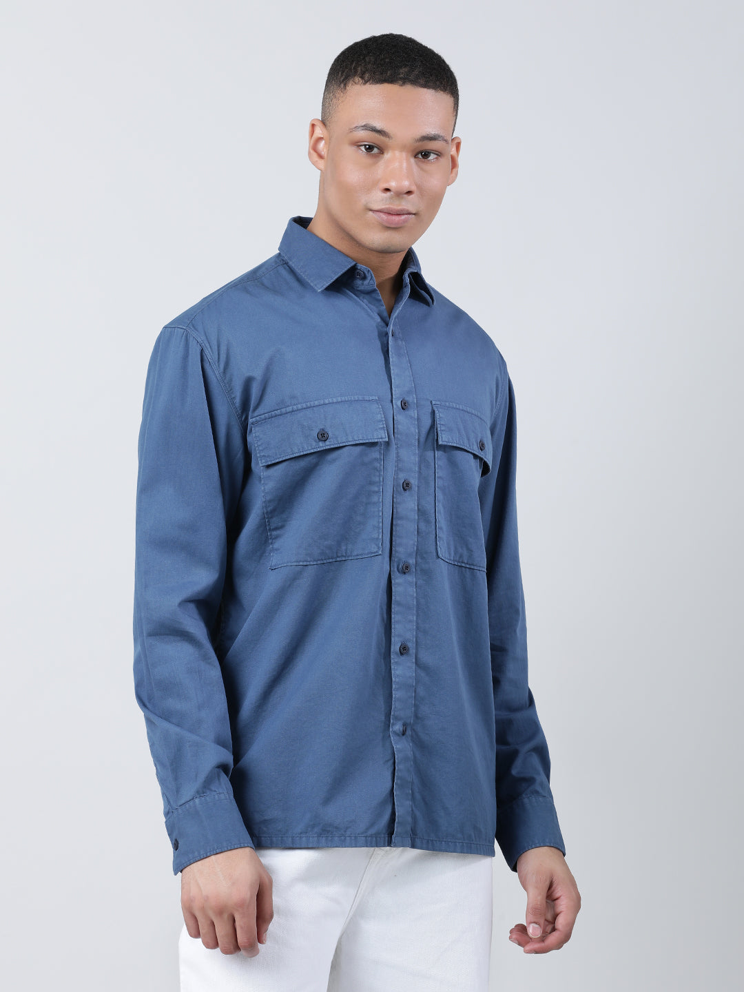 Men Navy Blue Relaxed Fit Casual Shirt with Double Big Pockets