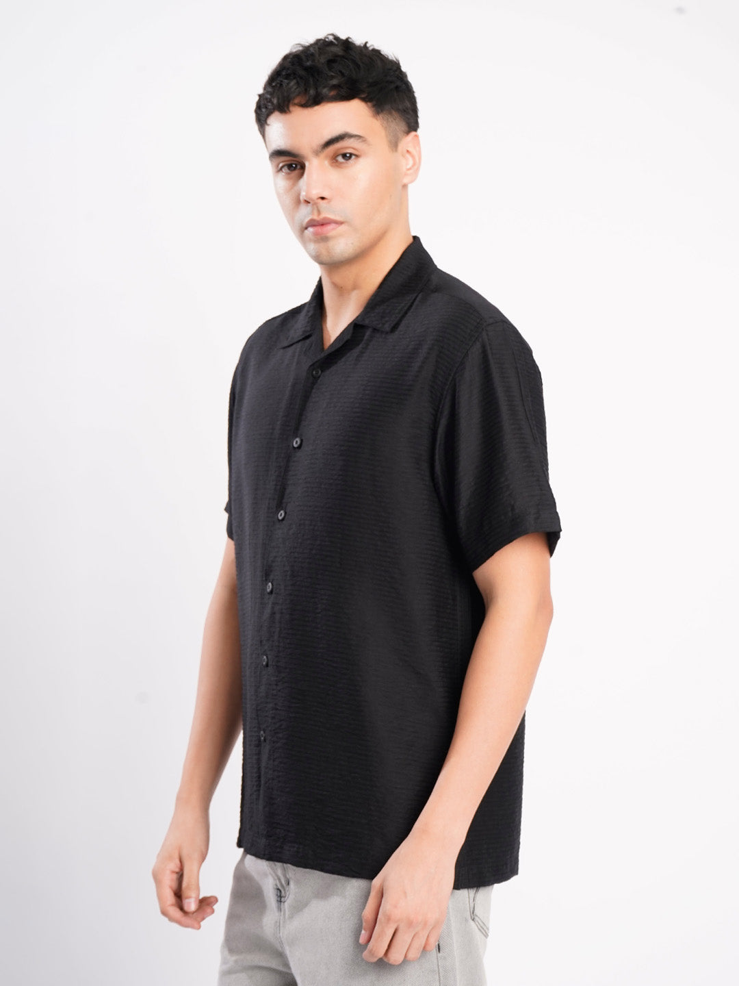 Men Black Textured Resort Collar Shirt