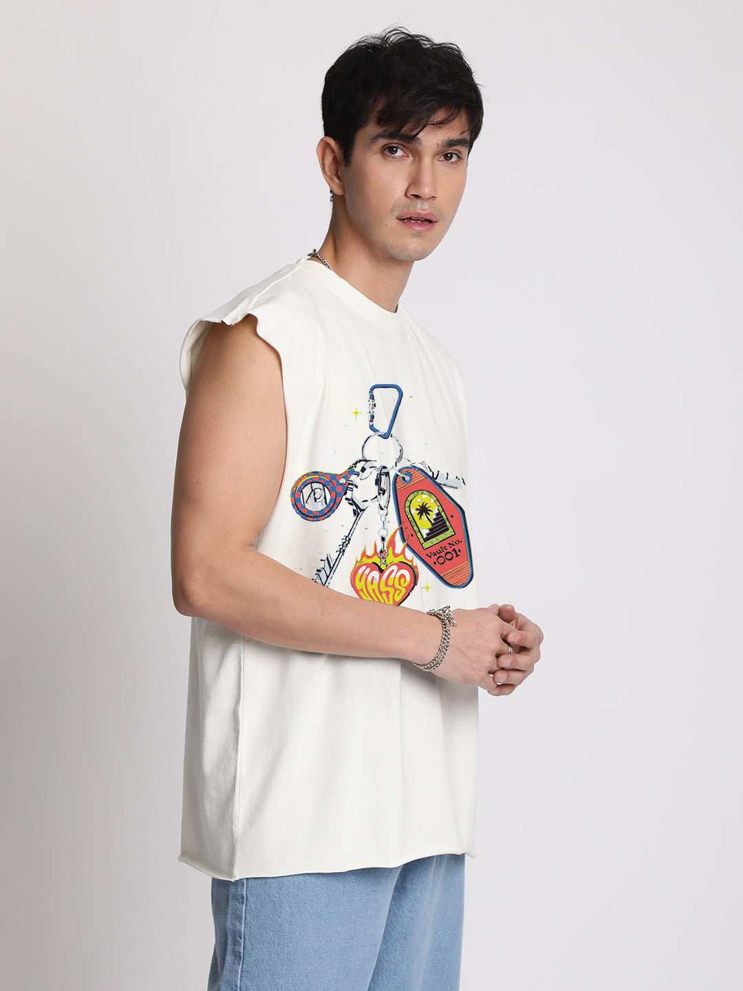 Men Off White Sleeveless Graphic Oversized T Shirt