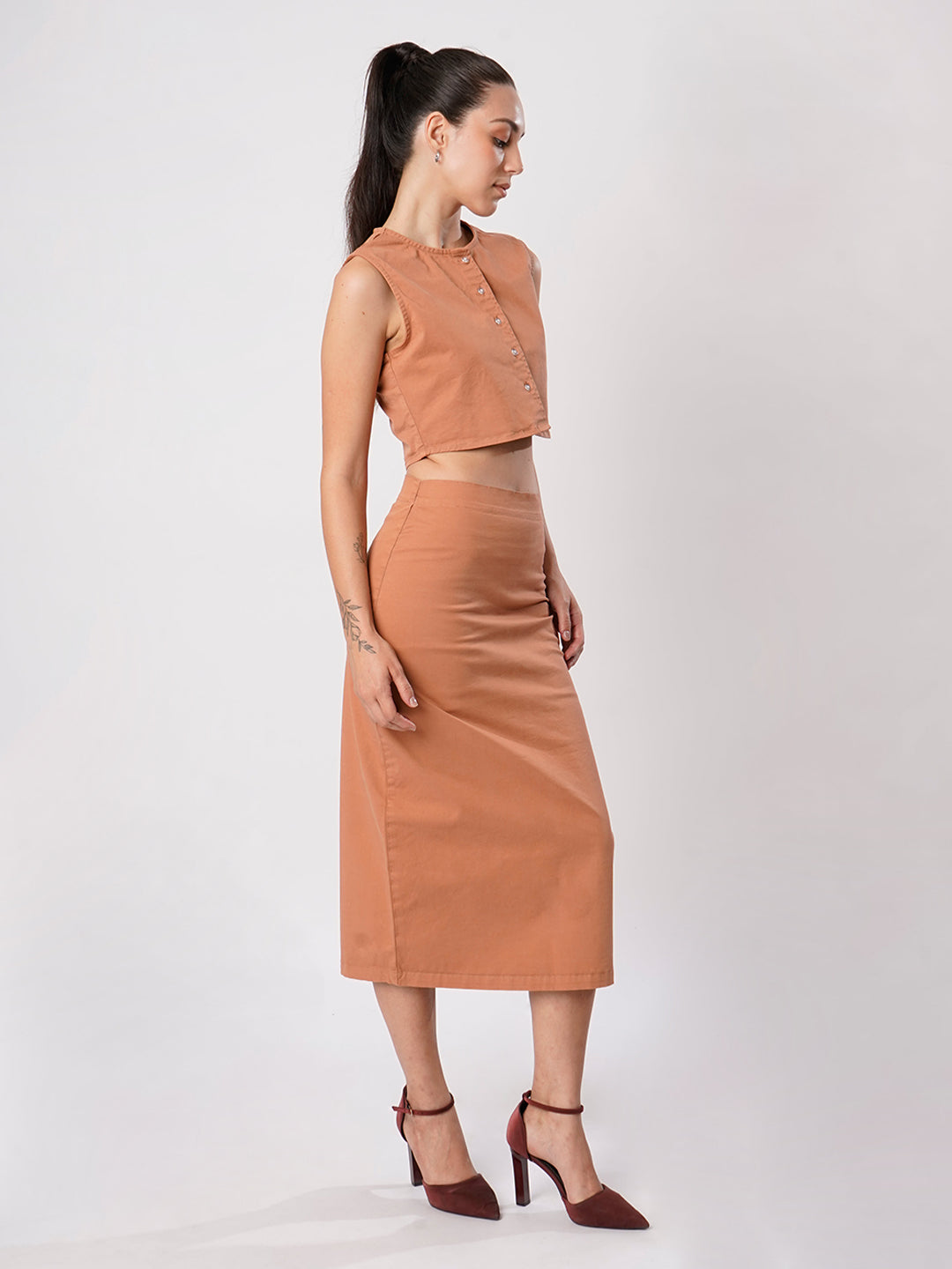 Women Khaki Sleeve less top and Skirt Coord Set