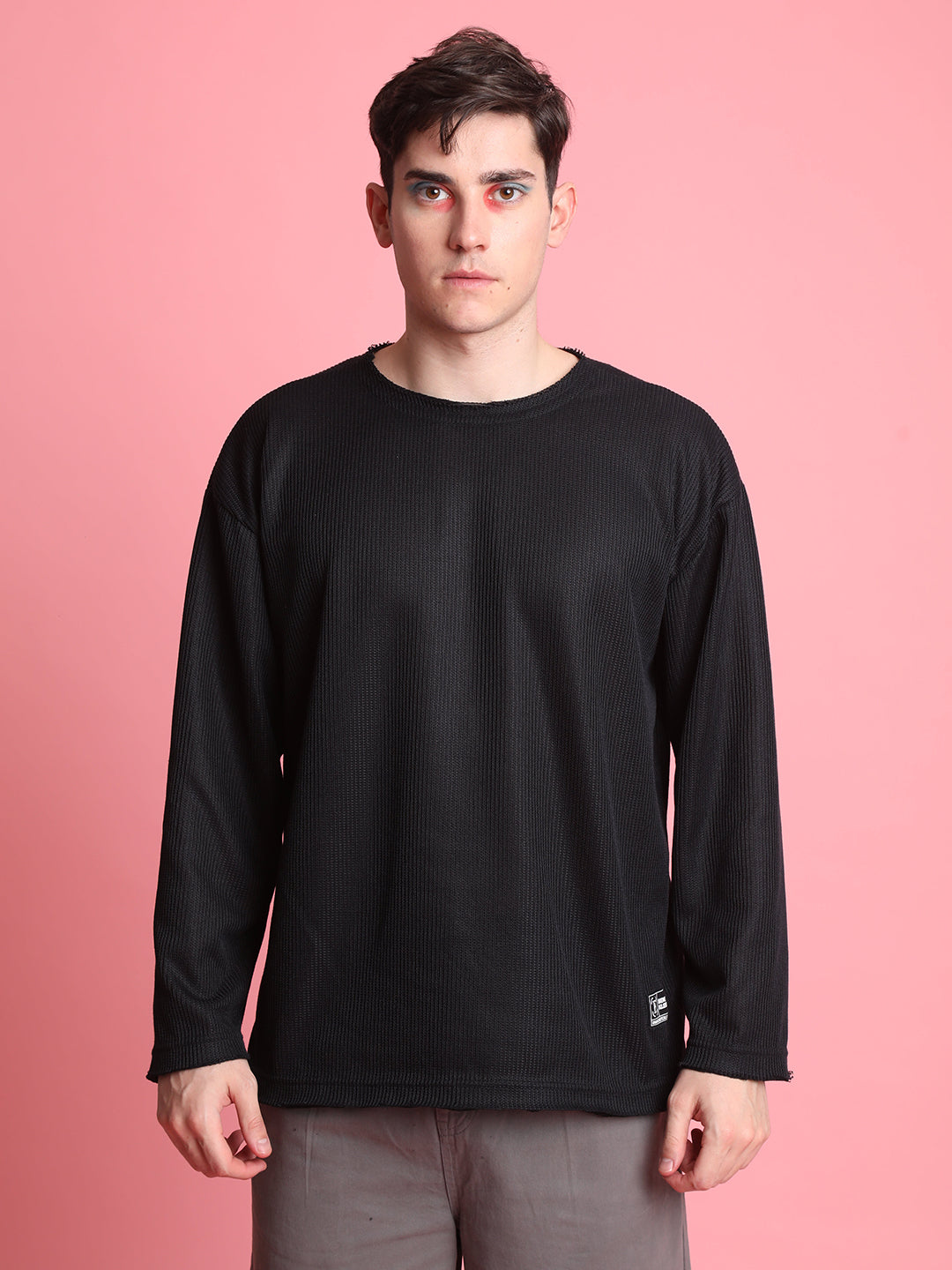 Men Solid Long Sleeve Oversize Woven Tshirt