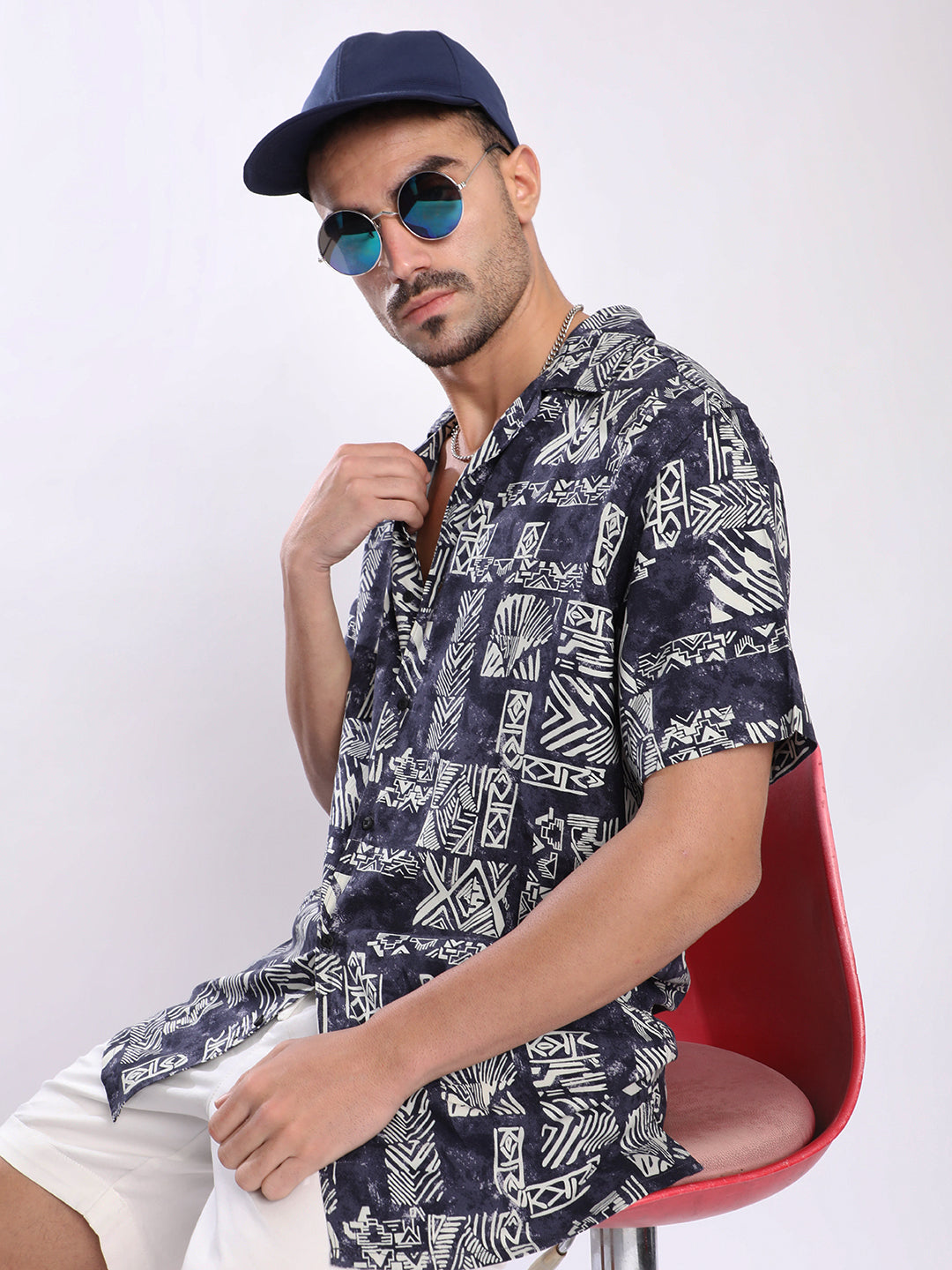 Men Navy and White Abstract printed Shirt