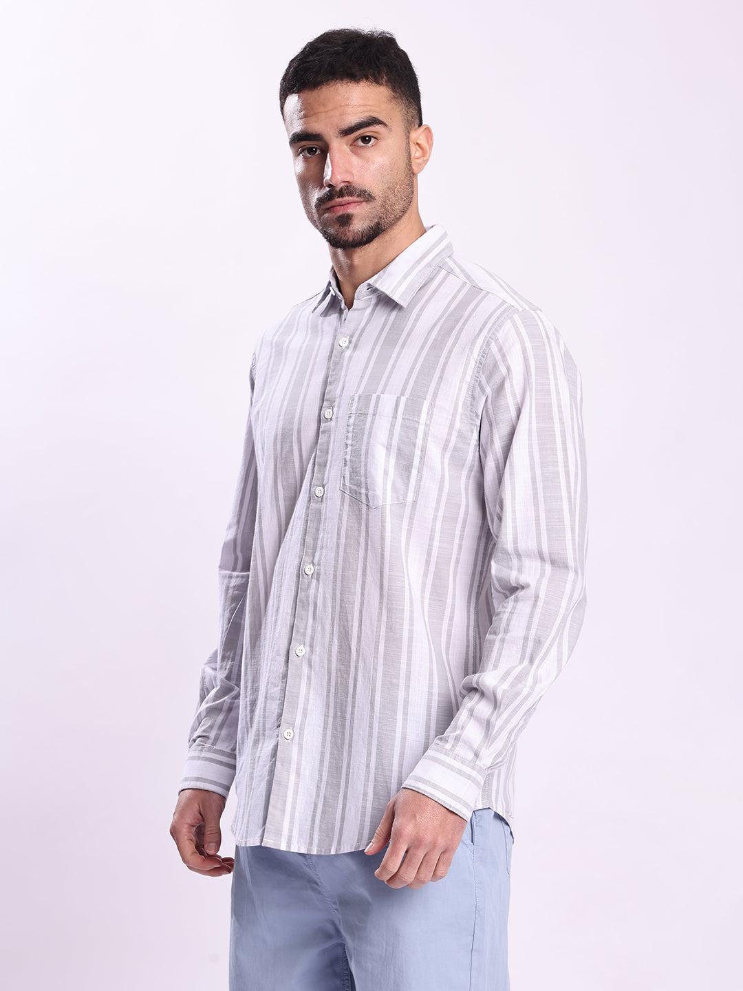 Men Grey Striped Single Pocket Shirt