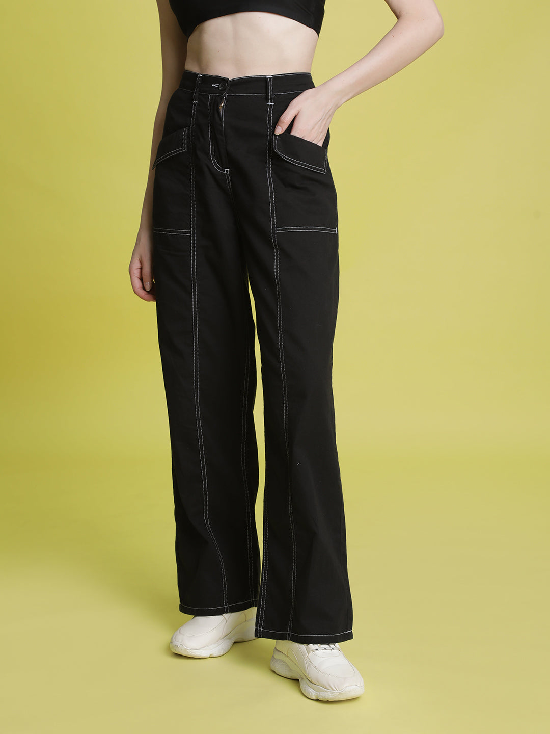 Women Black Contrast stitch Trouser