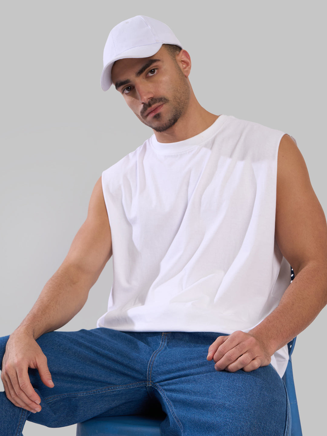Men White Sleeveless Oversized T Shirt