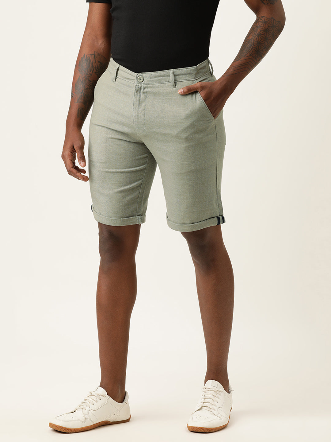 Men Moss Green Slim Fit Solid Casual Shorts