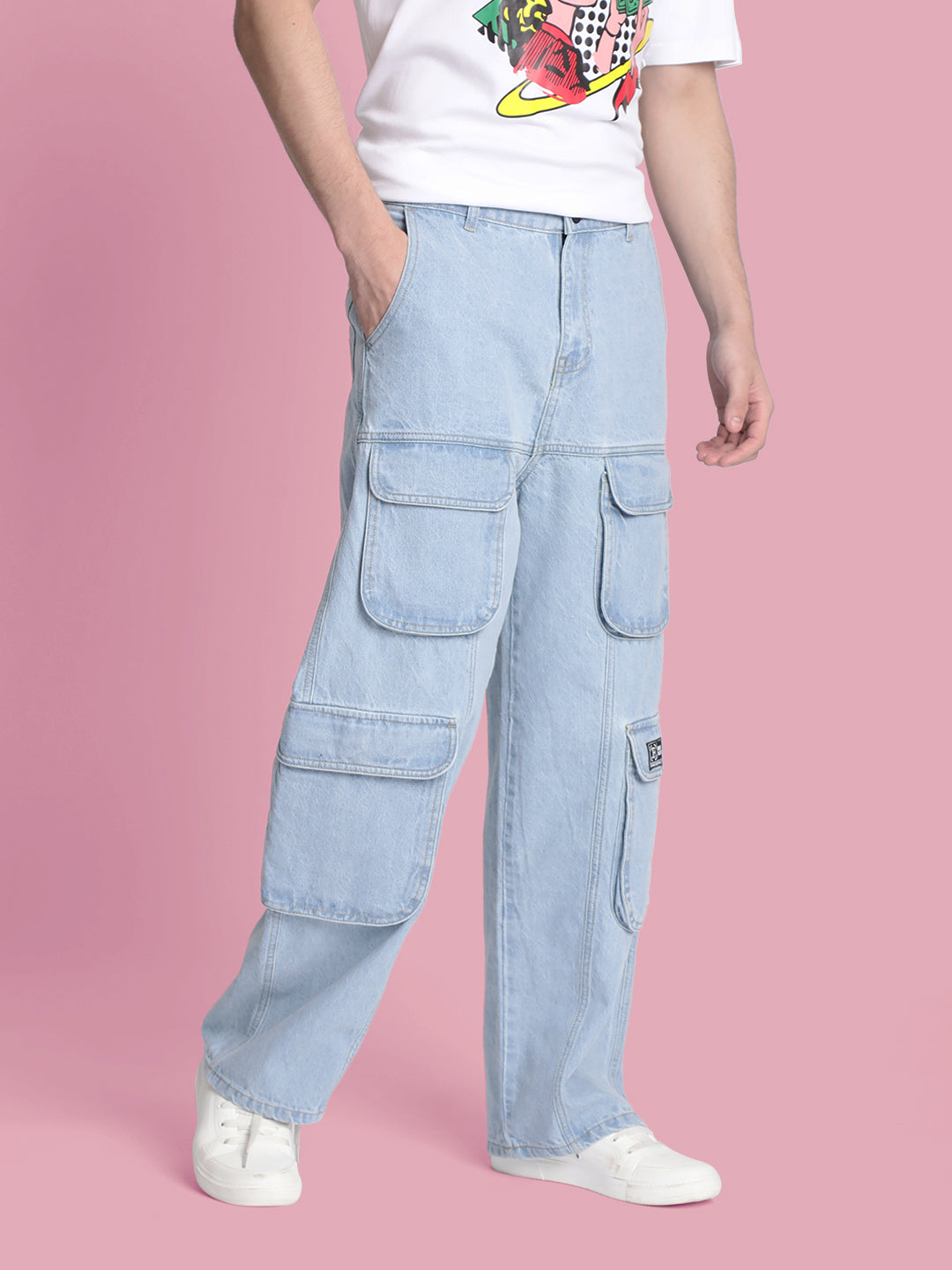 Men’s Light Blue Baggy Jeans with Utility Cargo Pockets