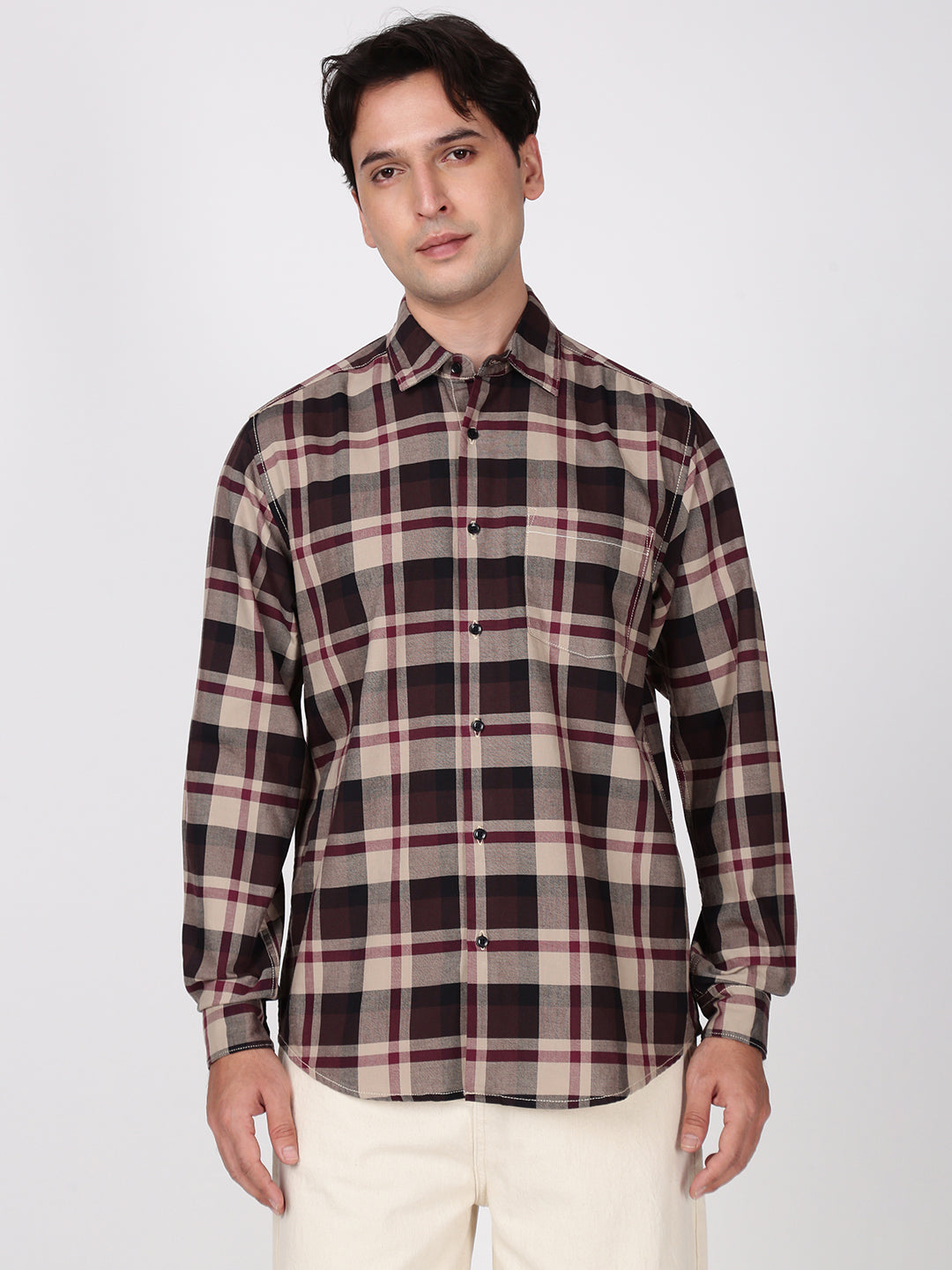 Men Green and Grey Checked Single Pocket Shirt