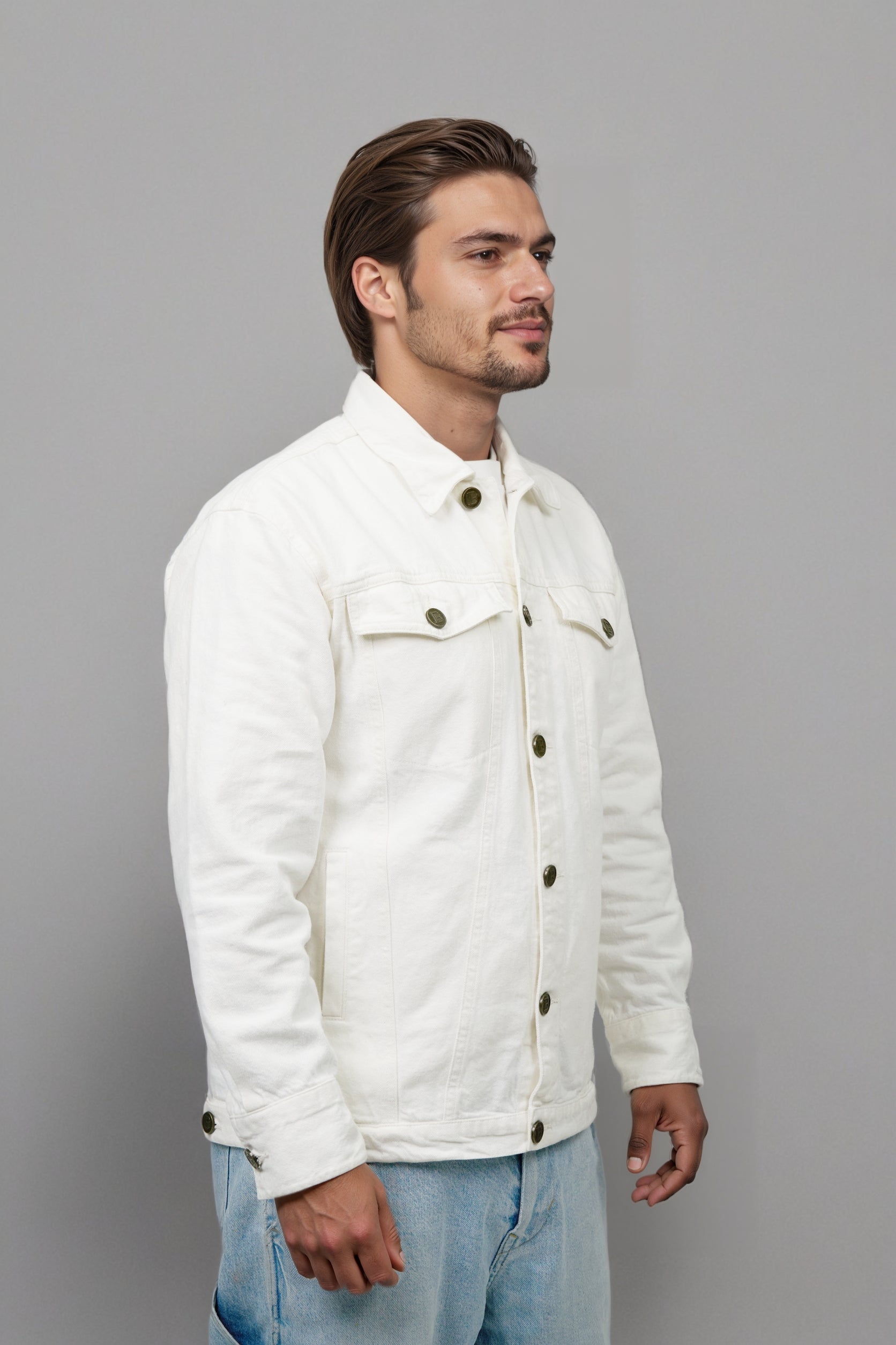 Men White Detachable Back Print Panel Denim Jacket