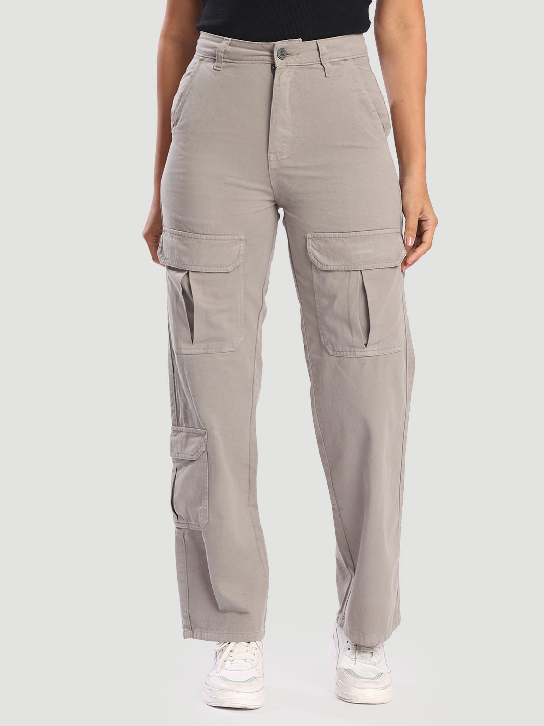 Women Grey Straight Fit High-Rise Cotton Cargos Trousers
