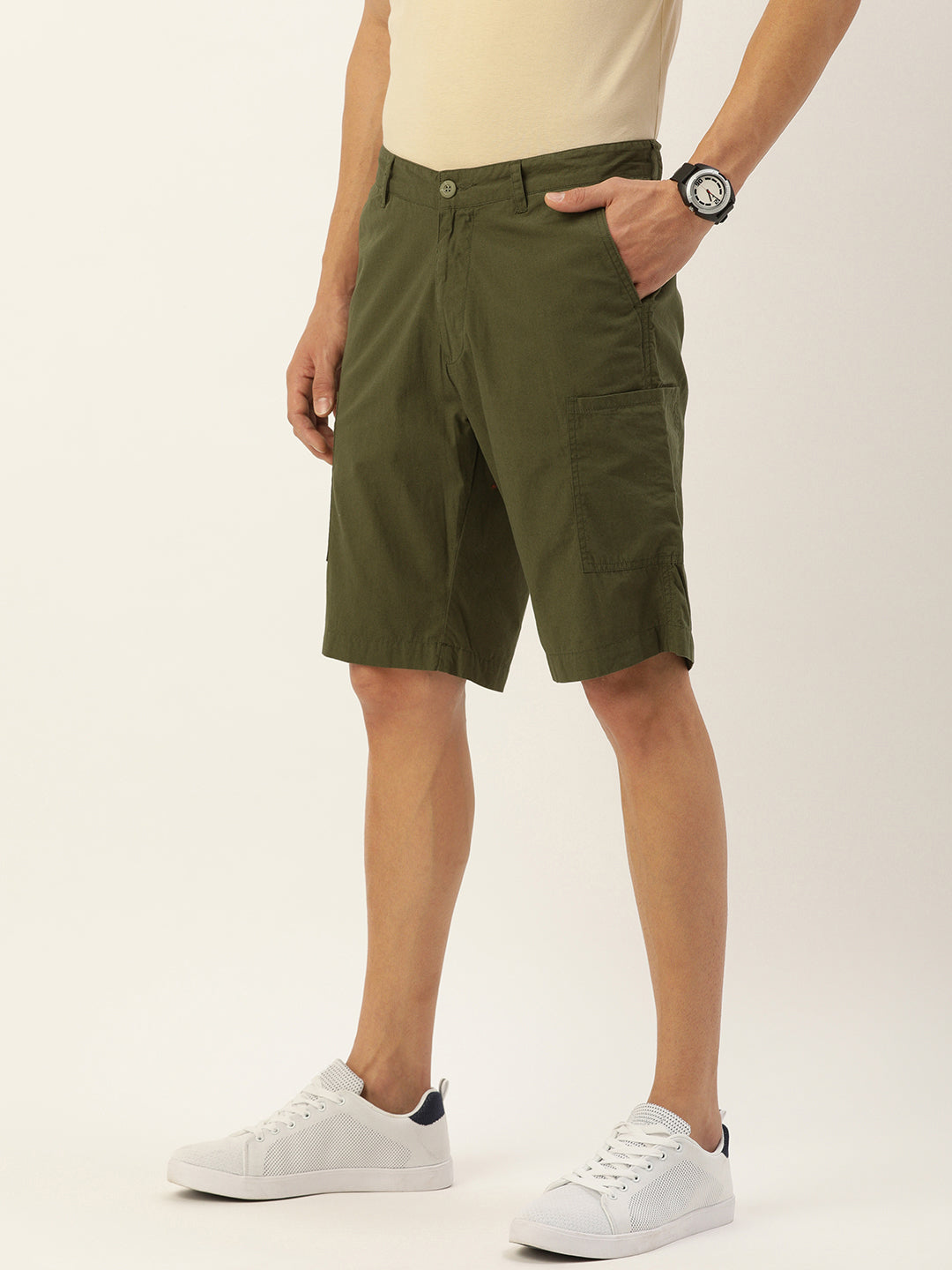 Men Olive Regular Fit Solid Casual Shorts