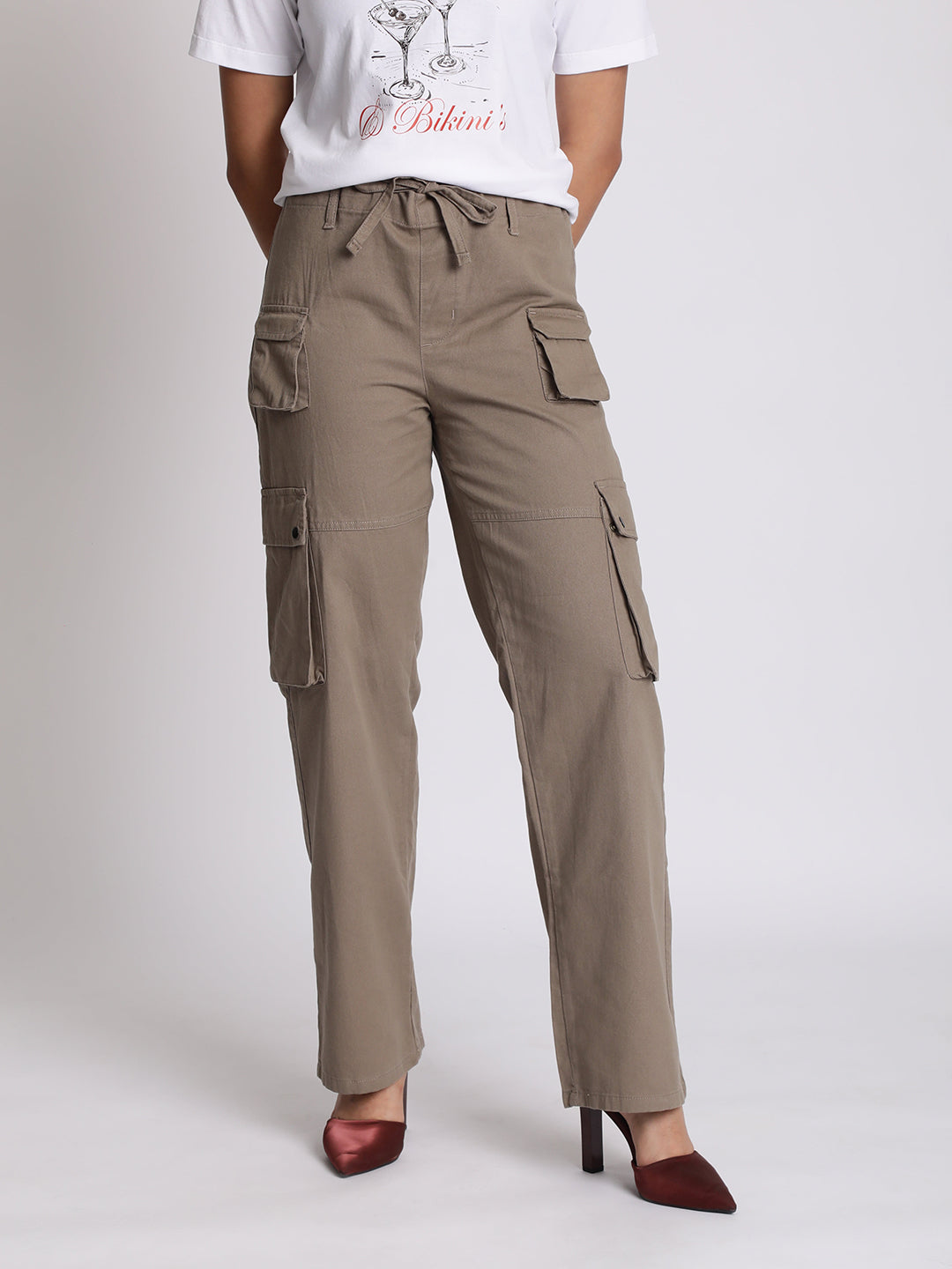 Women Beige Cargo Trousers with Adjustable Drawstring