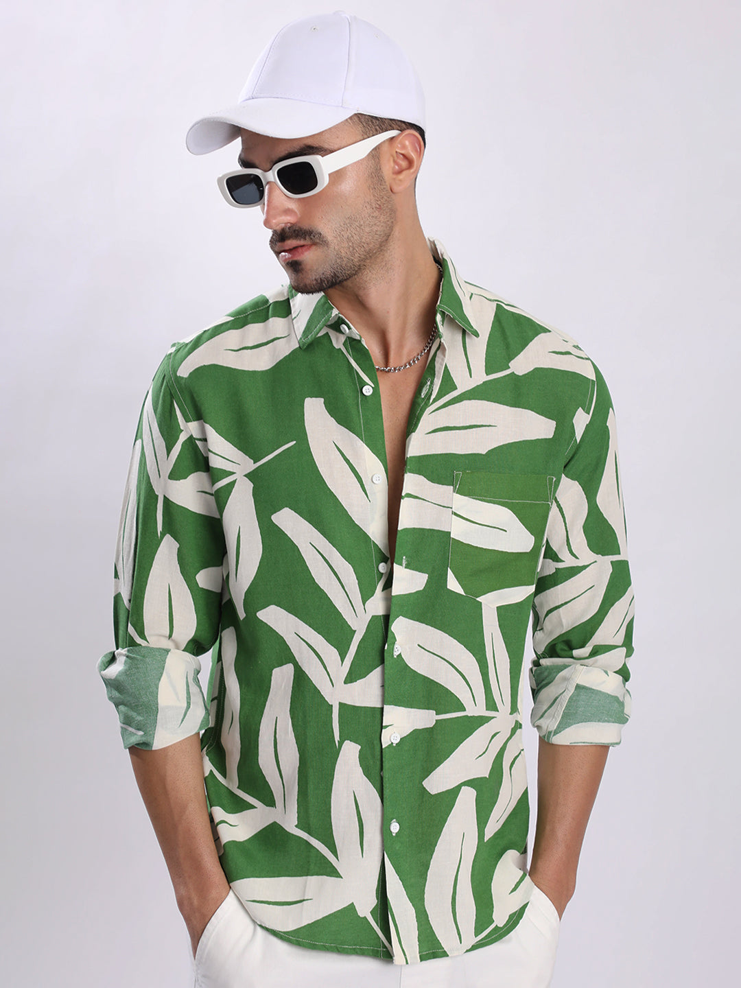 Men Green and White Abstract Print Linen Shirt