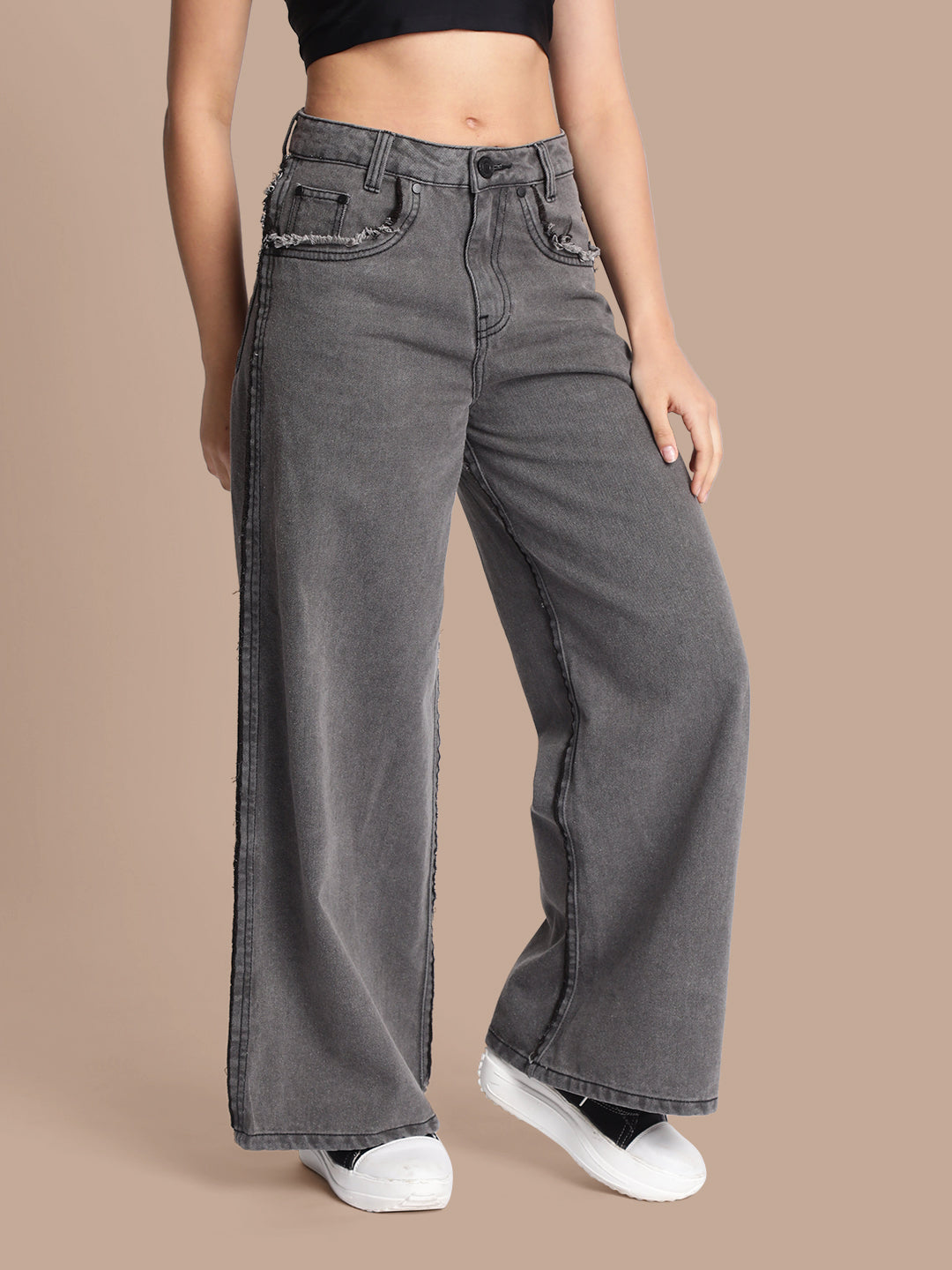 Women Grey Wide-Leg Jeans with Fraying Detail