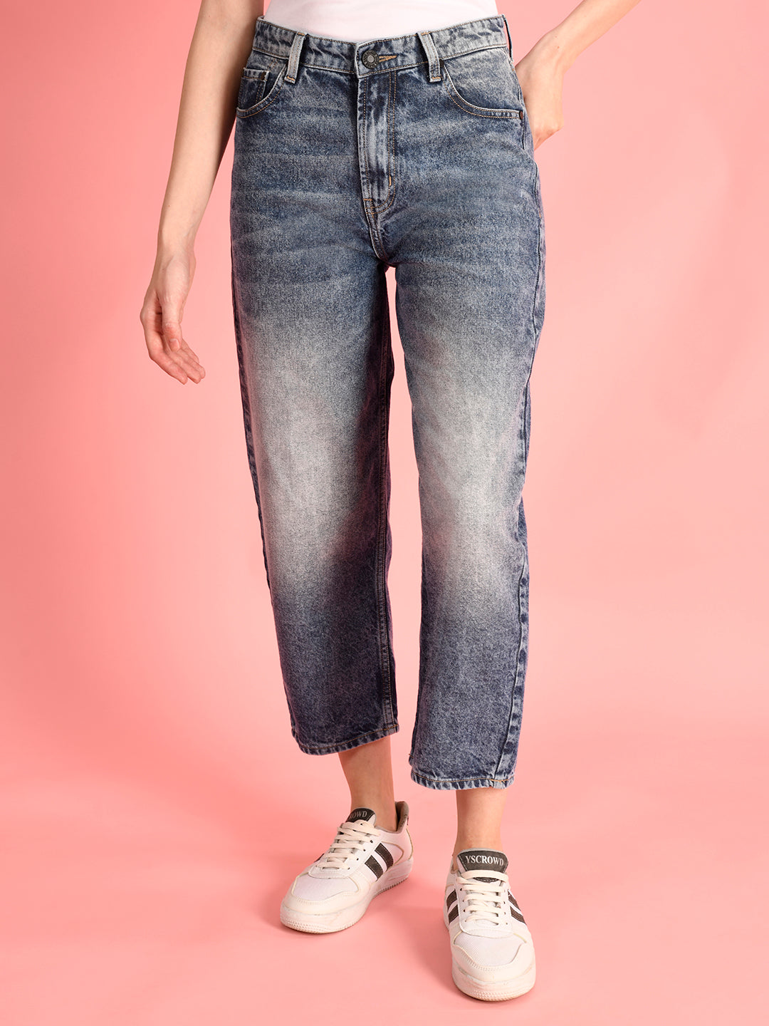 Women Balloon Fit Blue Denim Trousers