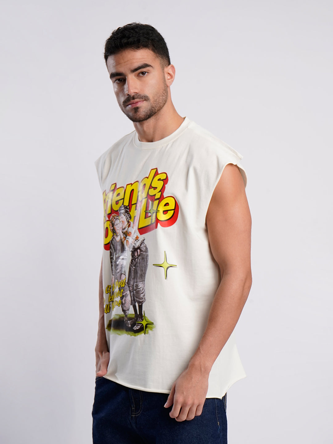 Men Beige Sleeveless Graphic Print Oversized T Shirt
